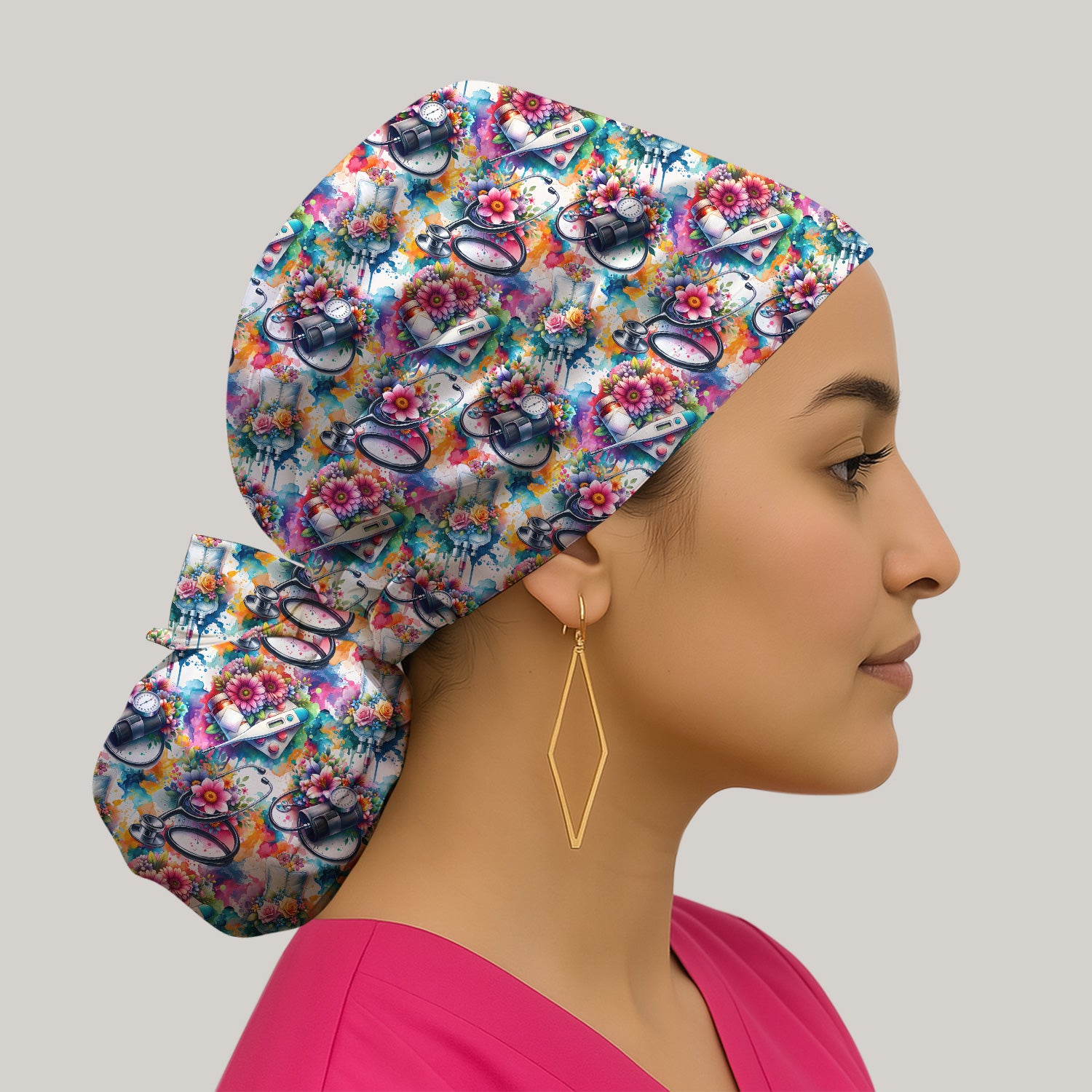 Colorful Medical Tools Floral Pattern Nurse Scrub Cap, Surgical Caps for Doctors