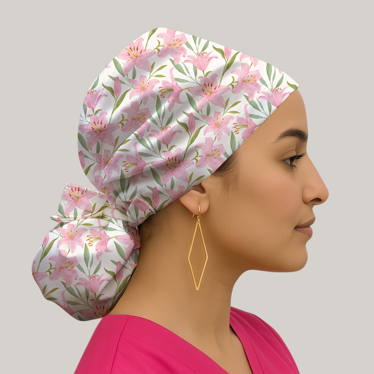 Cute Pink Lily Floral Nurse Pattern Scrub Cap, Bouffant Scrub Caps for Women