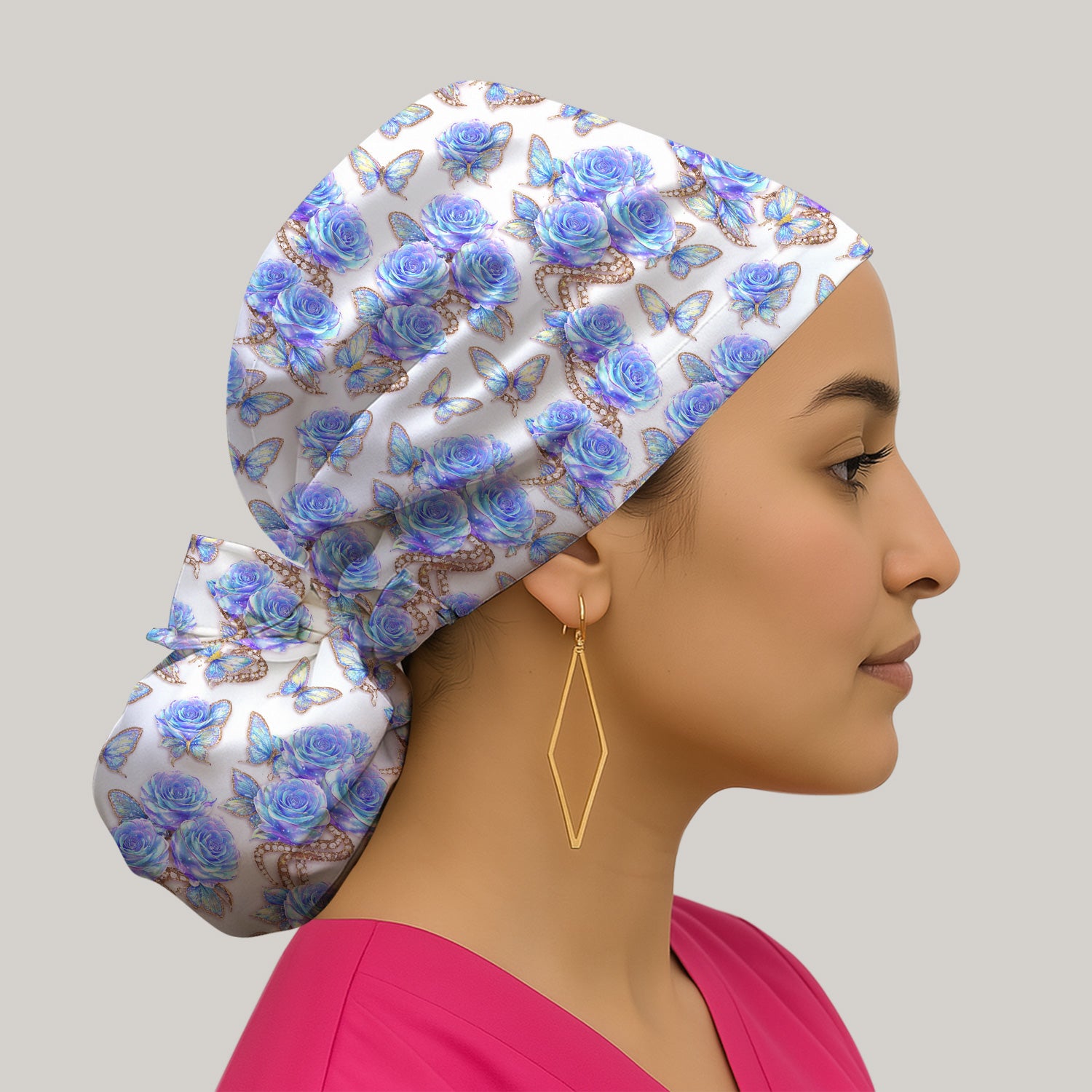 Elegant Blue Rose Floral Scrub Cap, Comfortable Bouffant Cap for Nurses