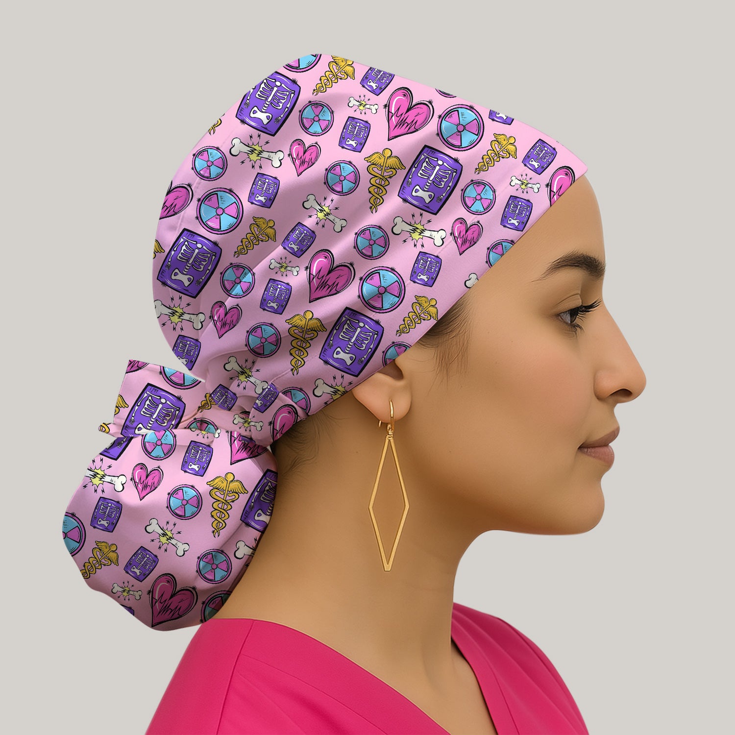 Sassy Nurse Heart Bone Caduceus Xray Icon Print Scrub Cap, Surgical Caps for Doctors