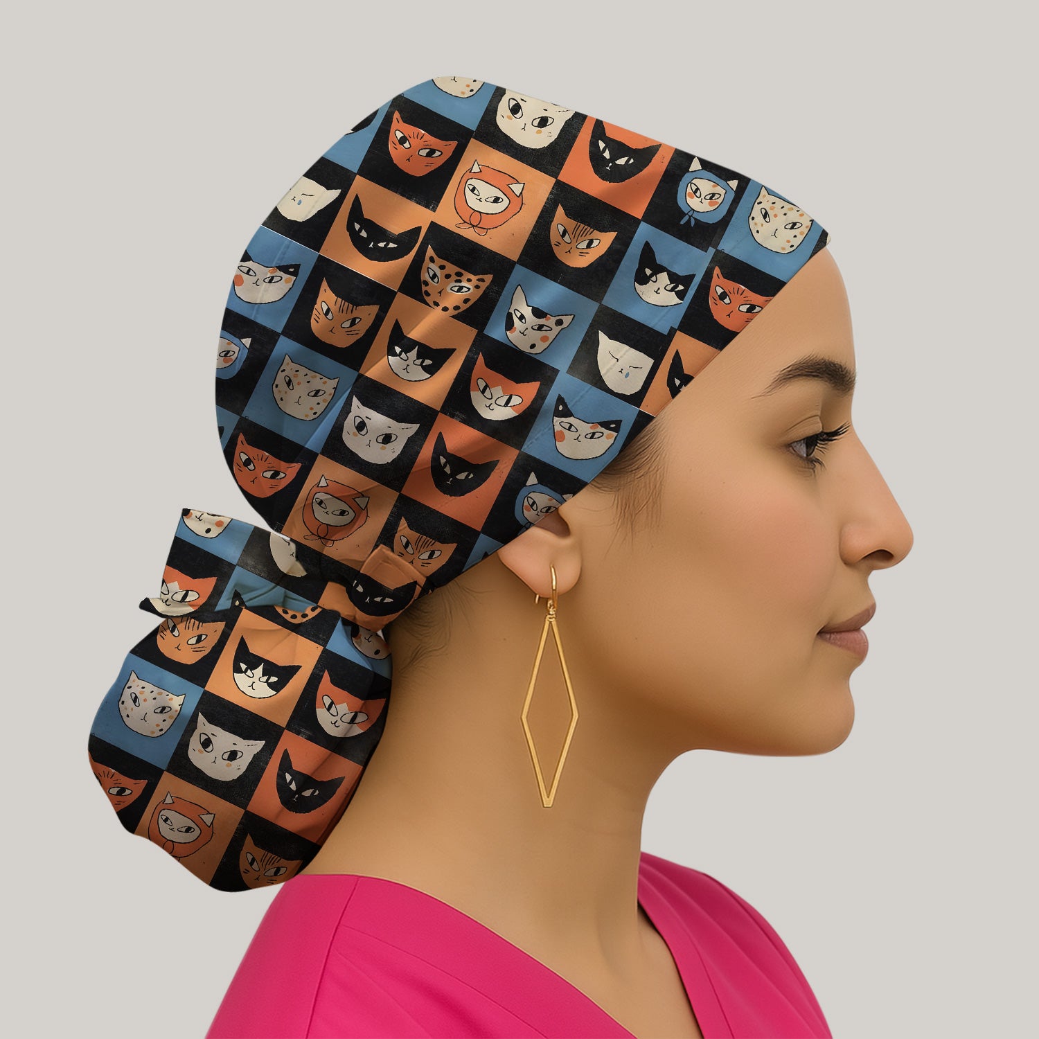 Cute Retro Cat Faces Checkerboard Print Scrub Cap, Breathable Fabrics Caps Uniform