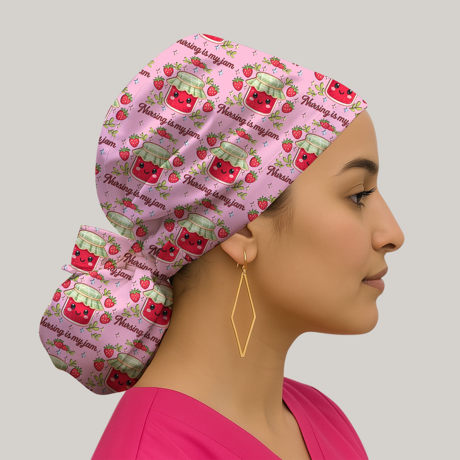 Cute Strawberry Jam Nurse Pattern Cap, Breathable Fabrics Caps Uniform
