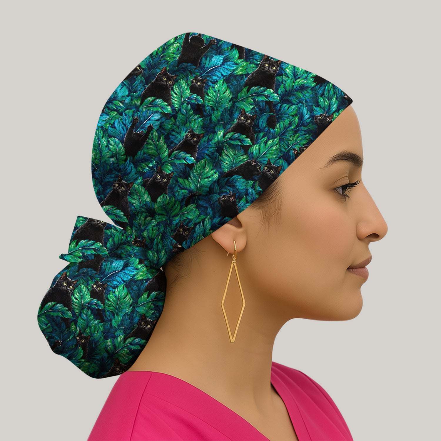 Black Cat Tropical Jungle Leaves Pattern Scrub Cap, Surgical Caps for Doctors