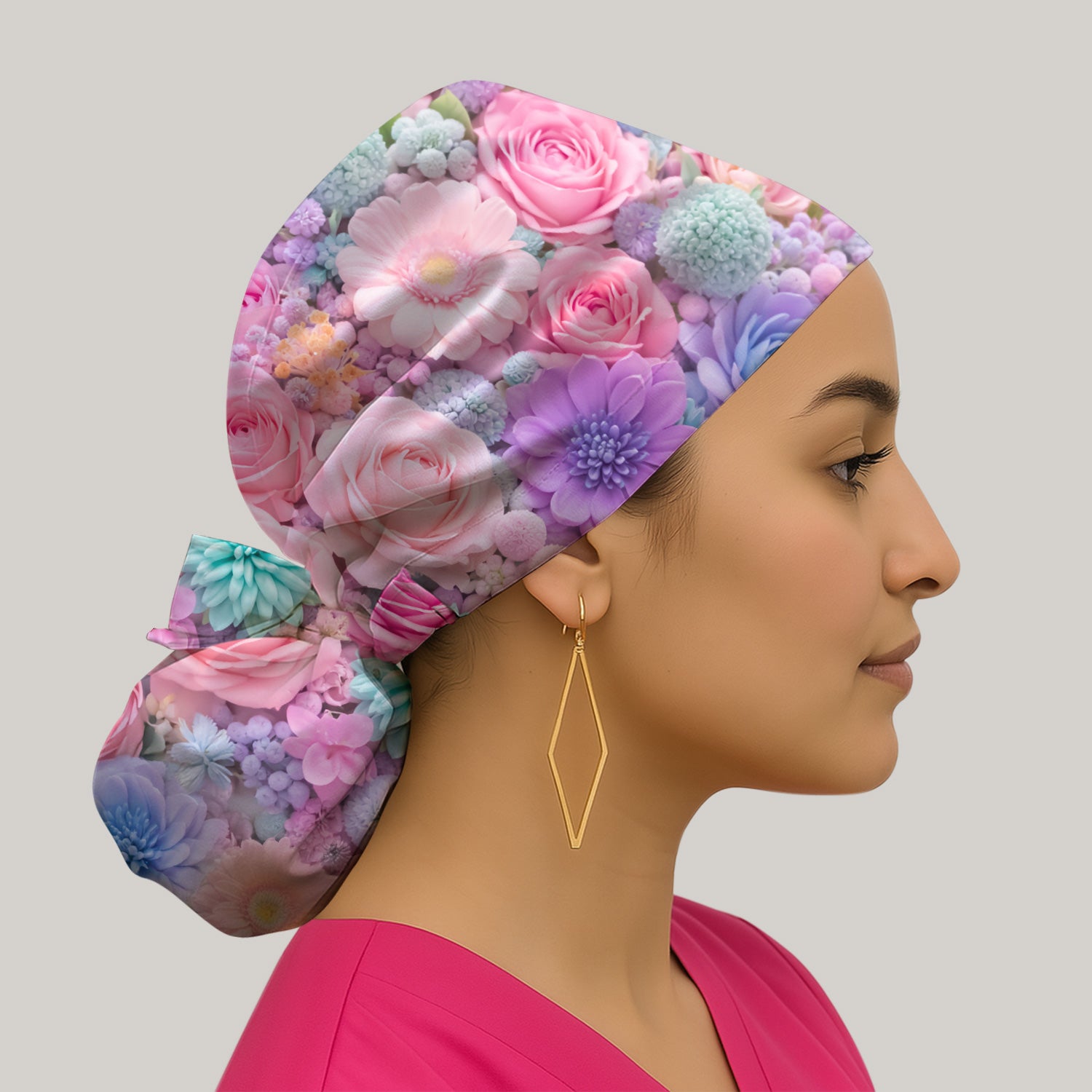 Pastel Floral Scrub Cap, Pink Rose Candy Color Surgical Cap for Doctors