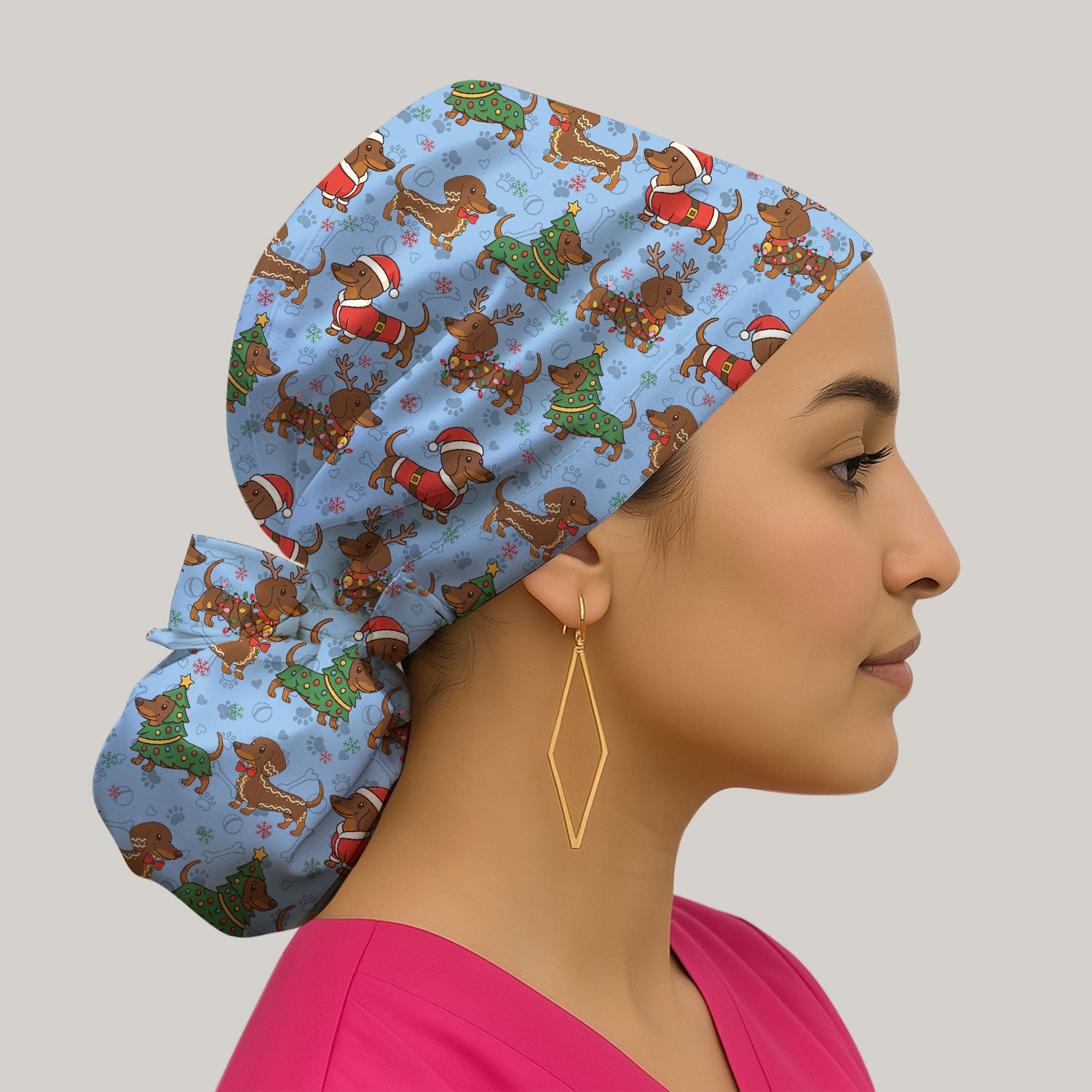 Christmas Dachshund Scrub Cap - Sausage Dog Wiener Holiday Surgical Hat Multi Color - Xmas Gift for RN CNA LPN