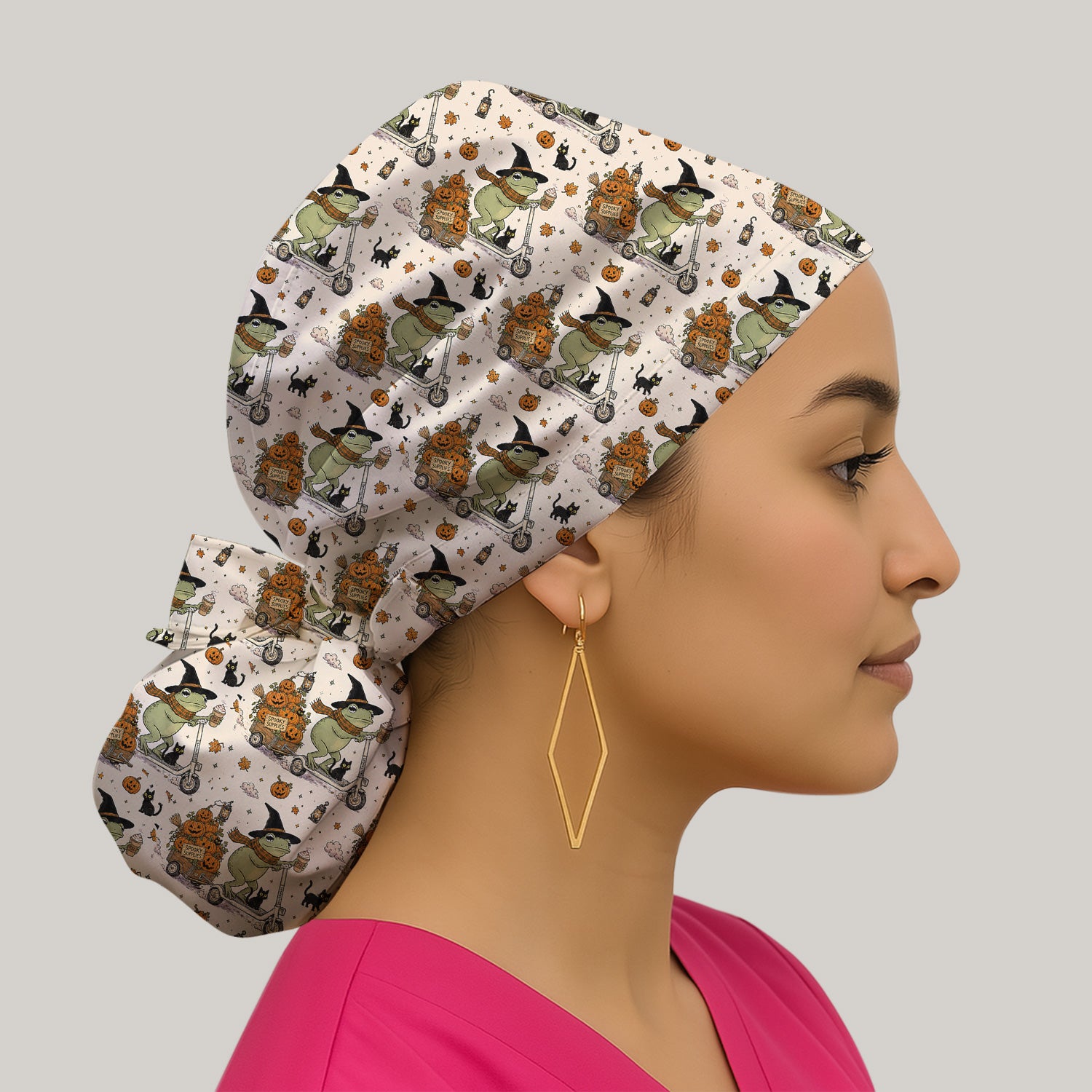 Cute Halloween Witch Frog And Pumpkins Scrub Cap, Surgical Caps for Doctors