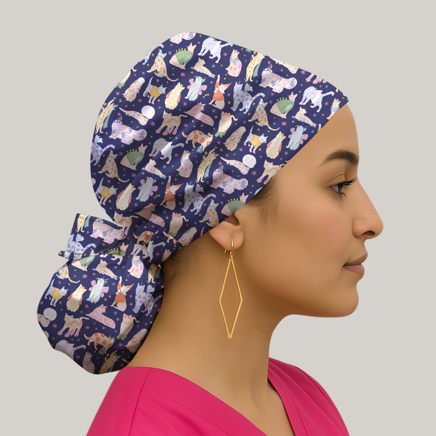 Cute Colorful Cats Pattern Print Cap, Bouffant Scrub Caps for Women