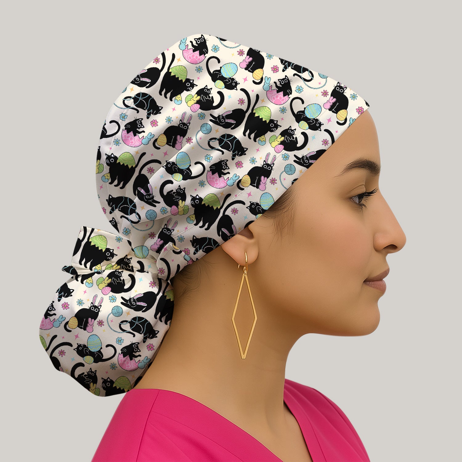 Funny Easter Black Cat Egg Pattern Print Cap, Bouffant Scrub Caps for Women