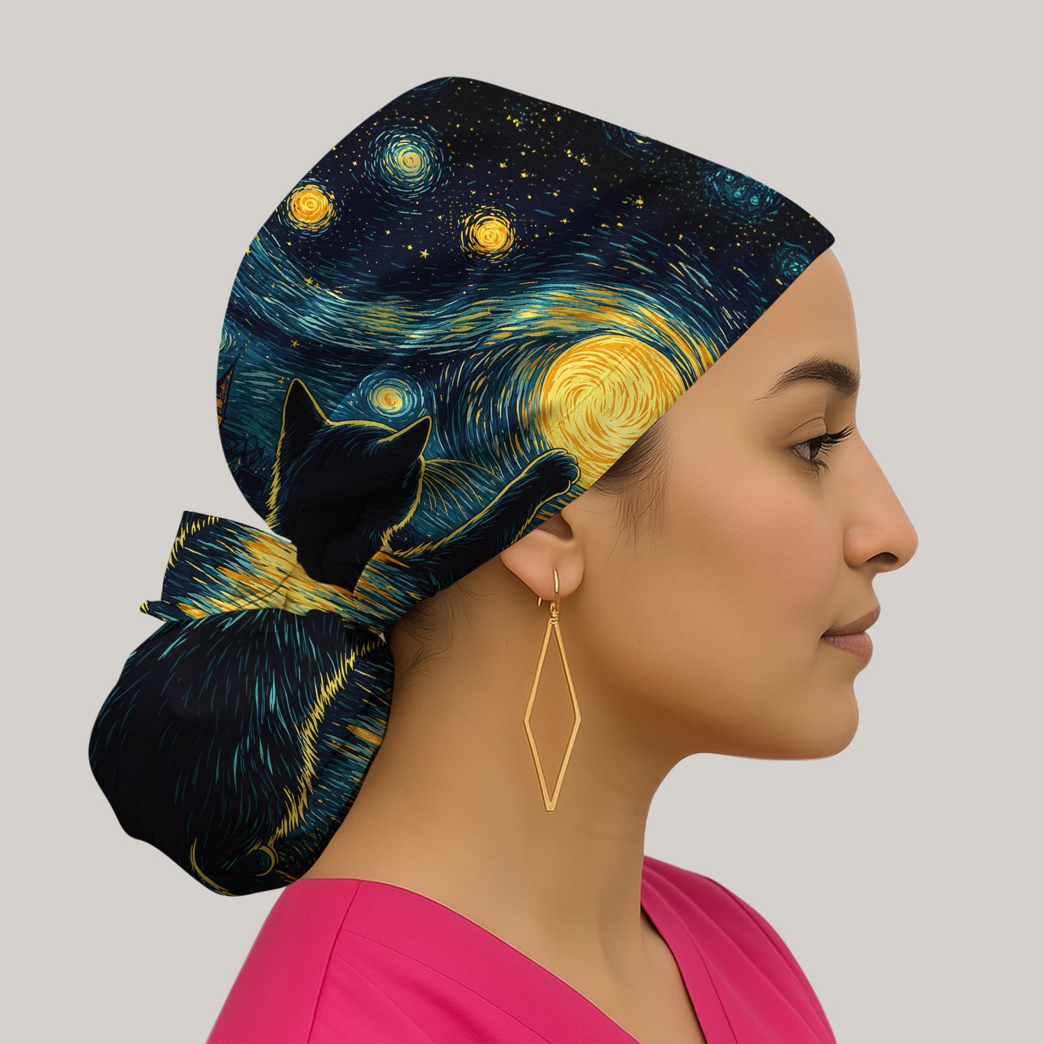 Starry Moonlit Black Cat Scrub Cap, Surgical Caps for Doctors