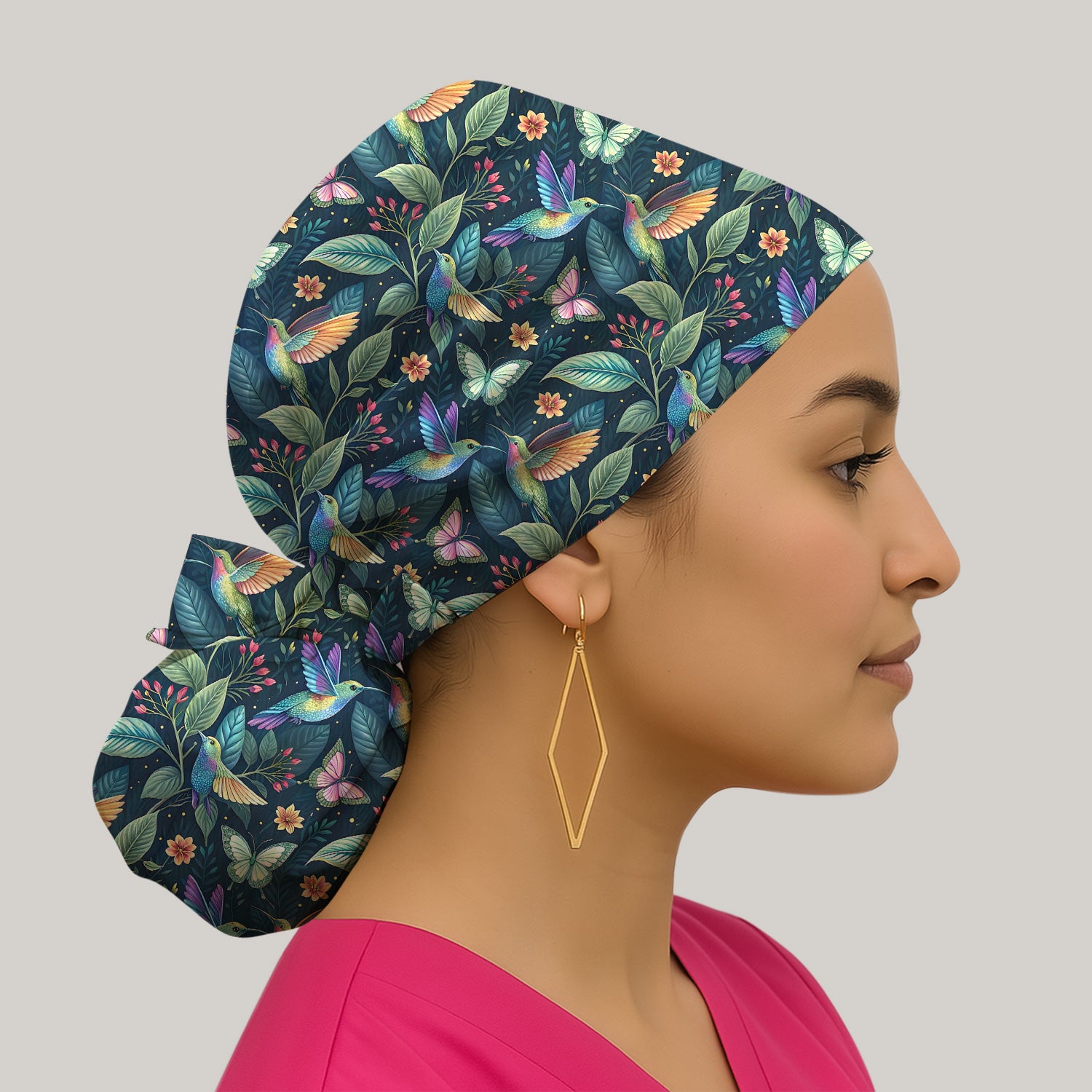 Vibrant Hummingbird Garden Nurse for RN, CNA, Botanical Medical Scrub Cap, Surgical Caps for Doctors