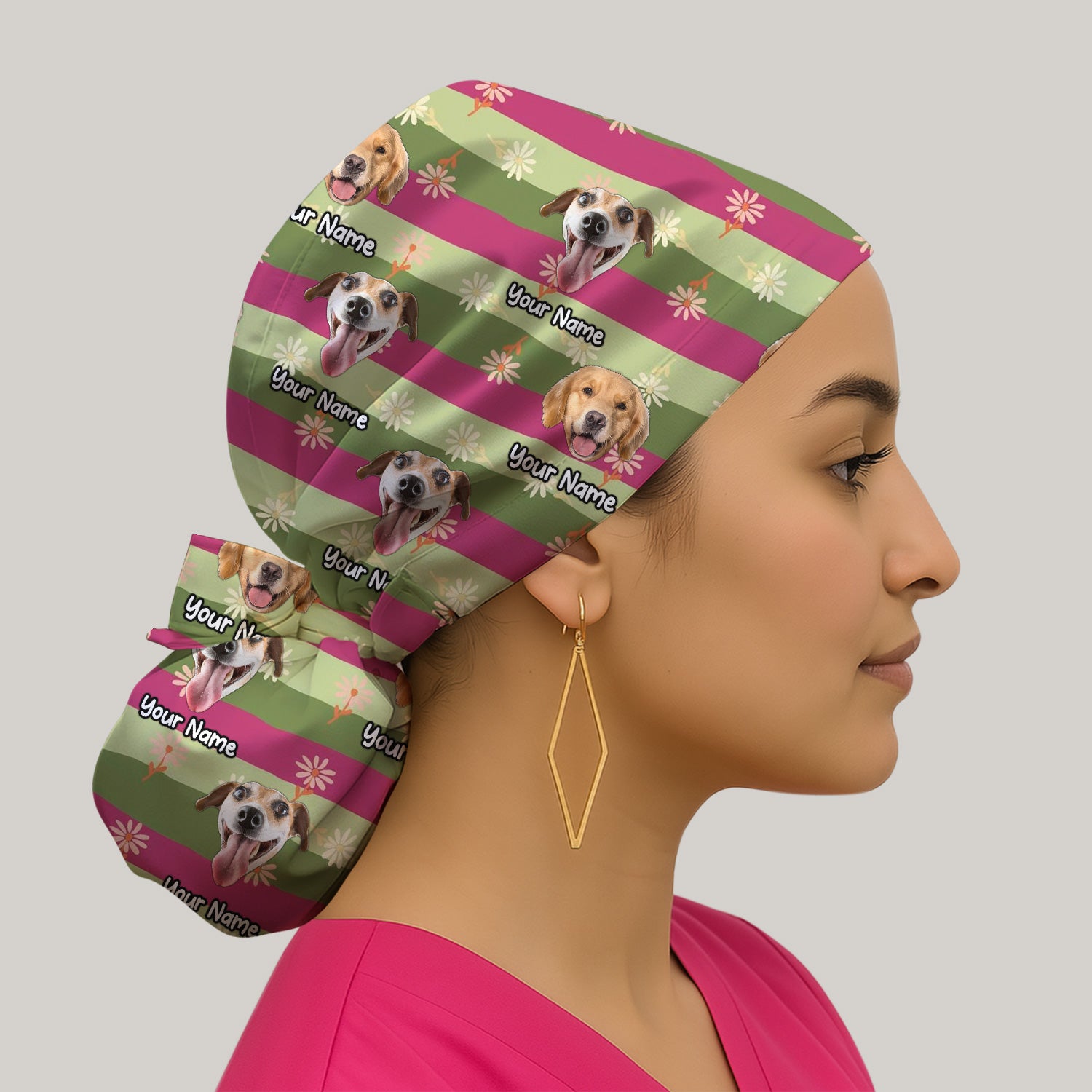 Personalized Floral Dog Portrait With Spring Stripes Pattern Scrub Cap, Surgical Caps for Doctors