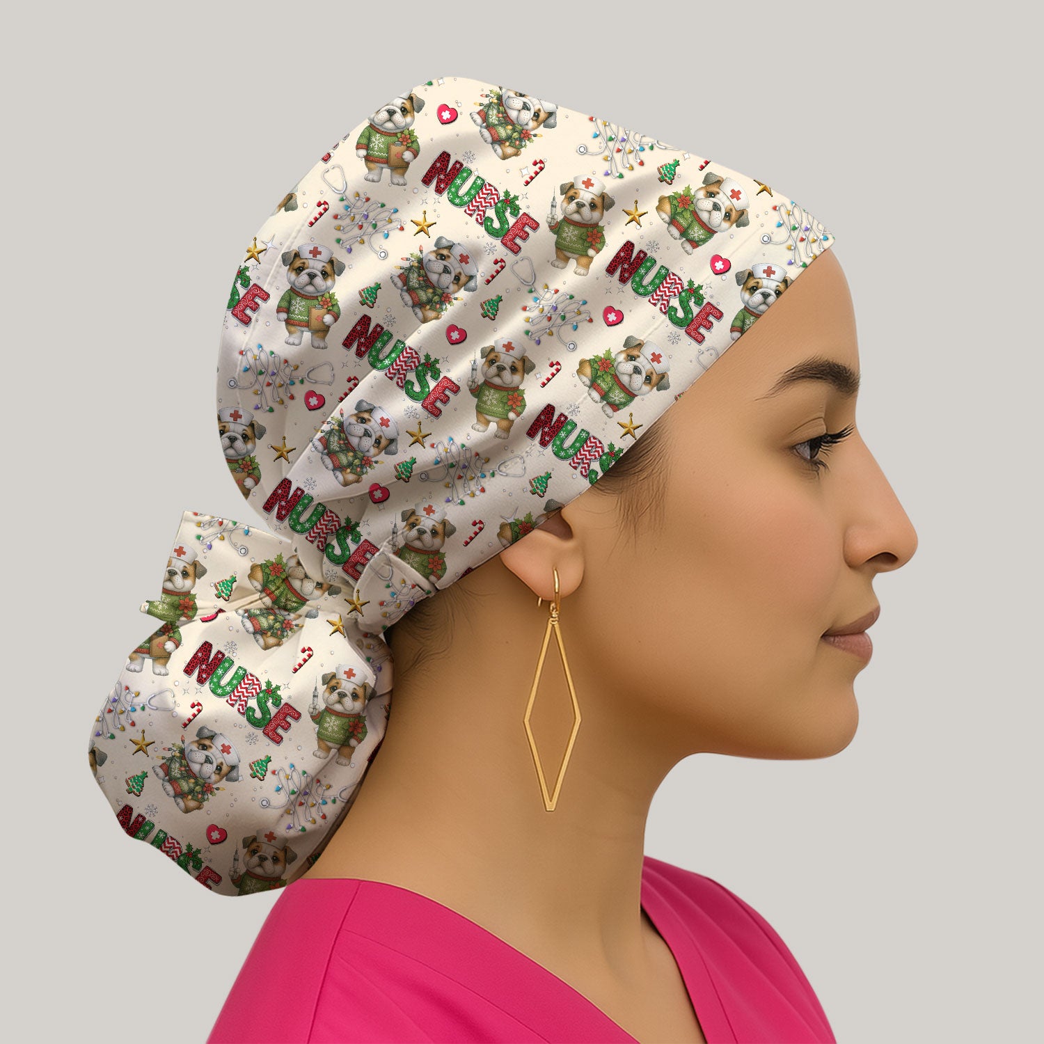 Bulldog Bouffant Scrub Caps for Women - Puppy Lover Gift - Breathable Fabrics Caps Uniform