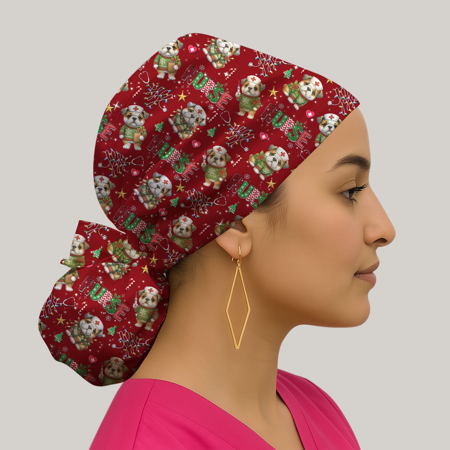 Bulldog Bouffant Scrub Caps for Women - Puppy Lover Gift - Breathable Fabrics Caps Uniform