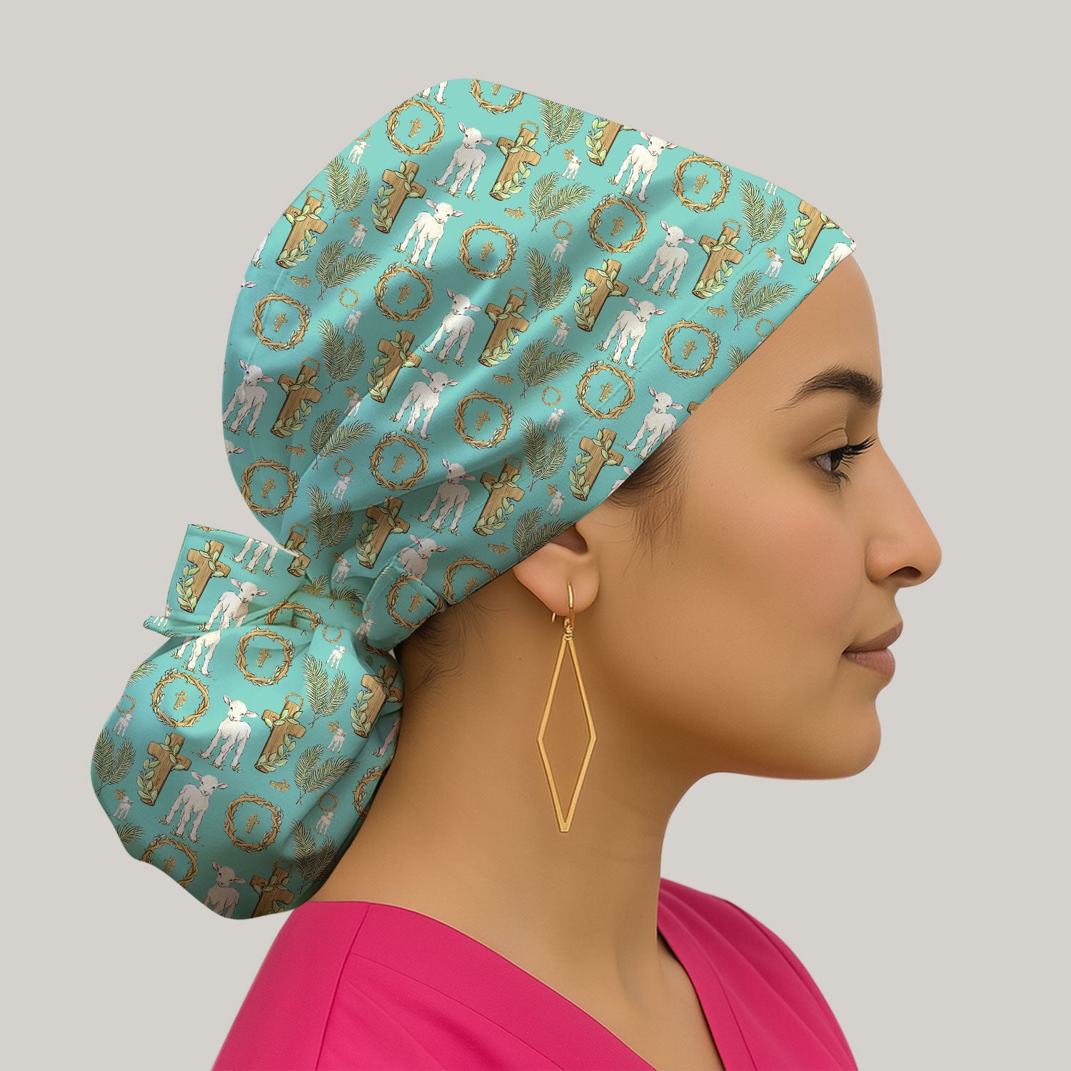 Faith Lamb Cross Pattern Scrub Cap, Bouffant Scrub Caps for Women