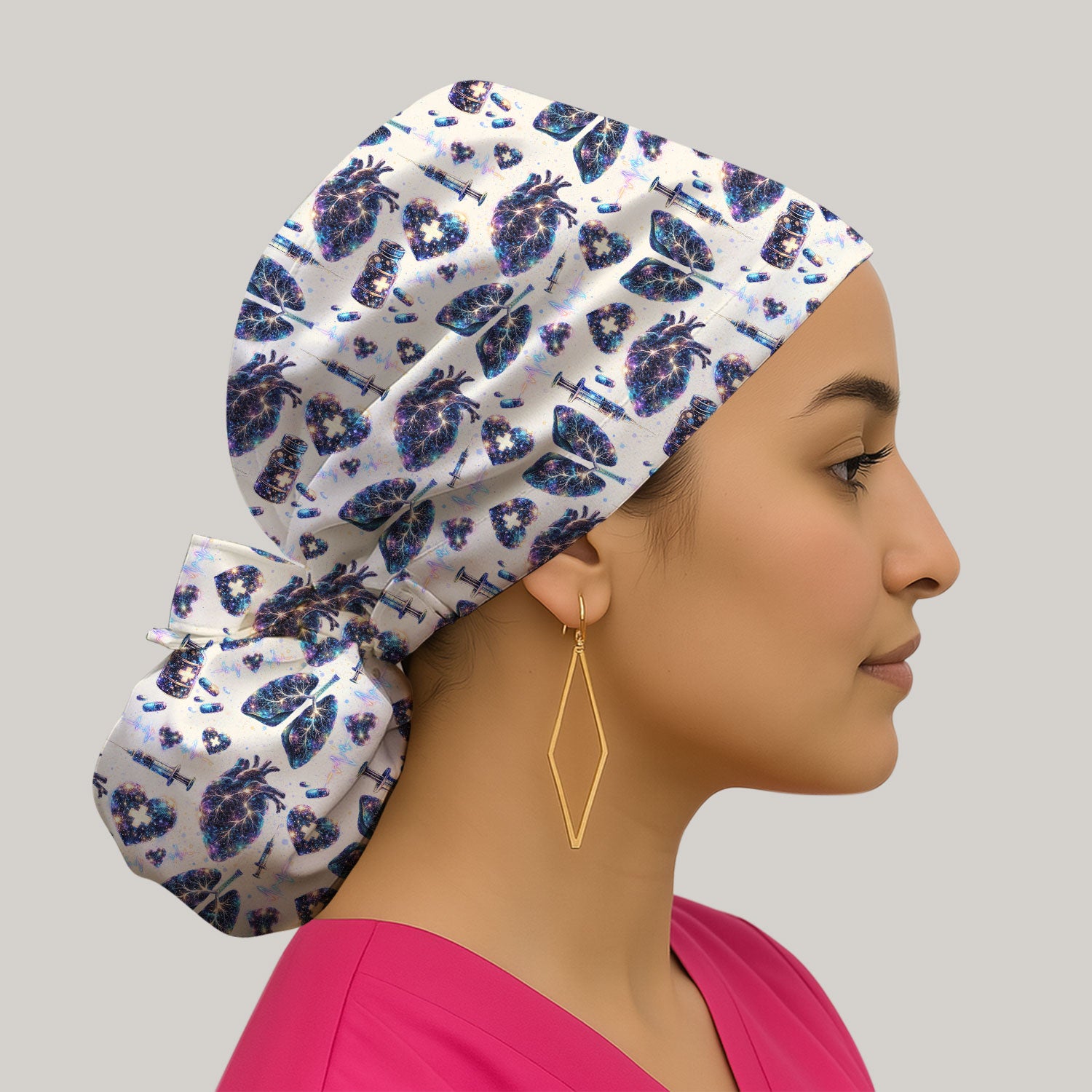 Galaxy Anatomical Heart Lung Syringe Print Cap, Bouffant Scrub Caps for Women