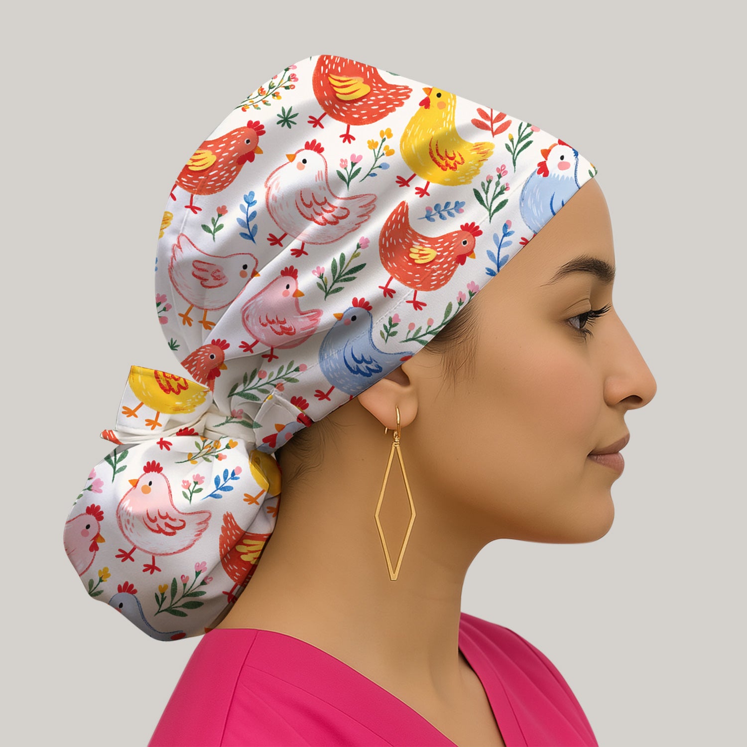 Fun Cartoon Hen Print Scrub Cap, Breathable Fabrics Caps Uniform