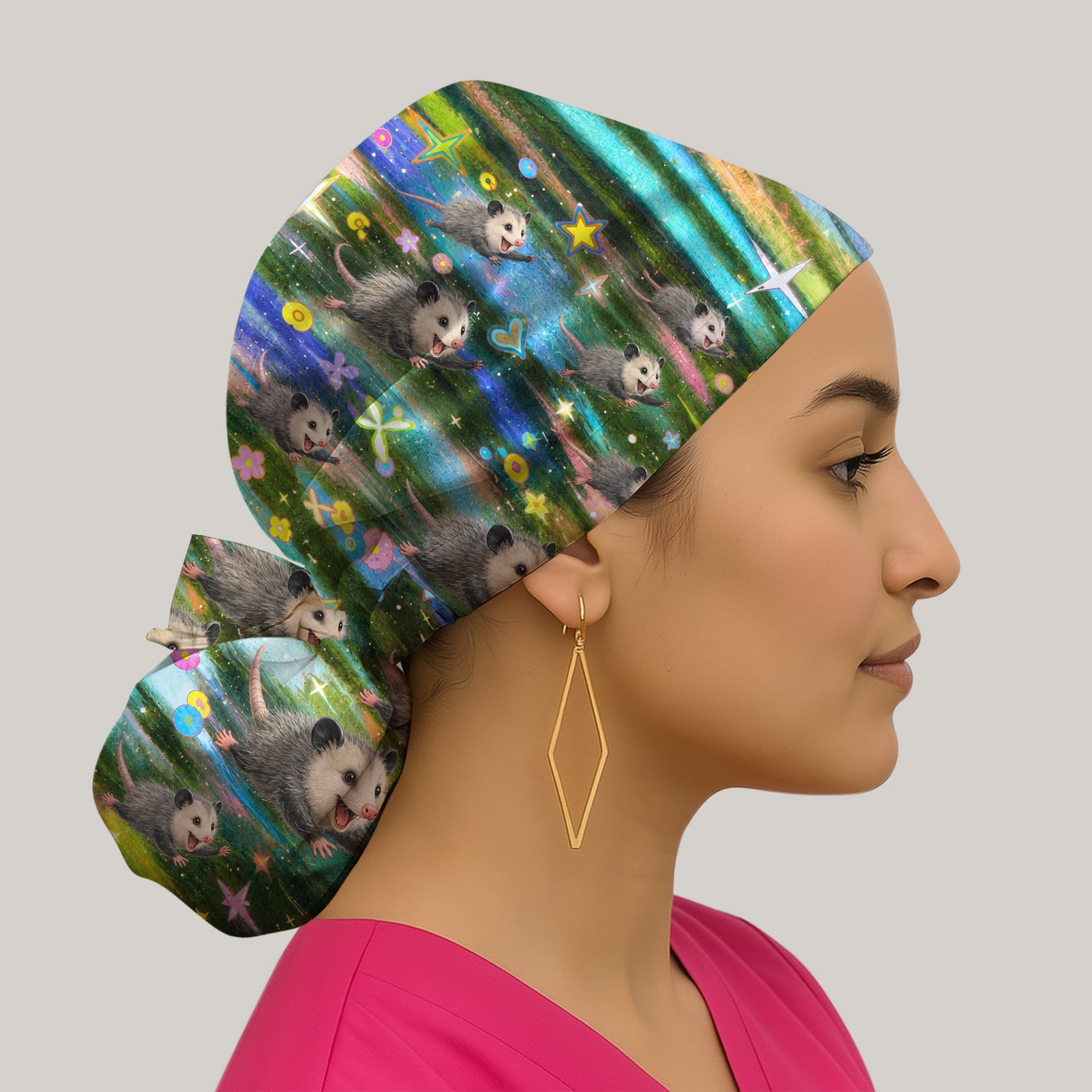 Colorful Opossum Rainbow Stars Print Scrub Cap, Surgical Caps for Doctors