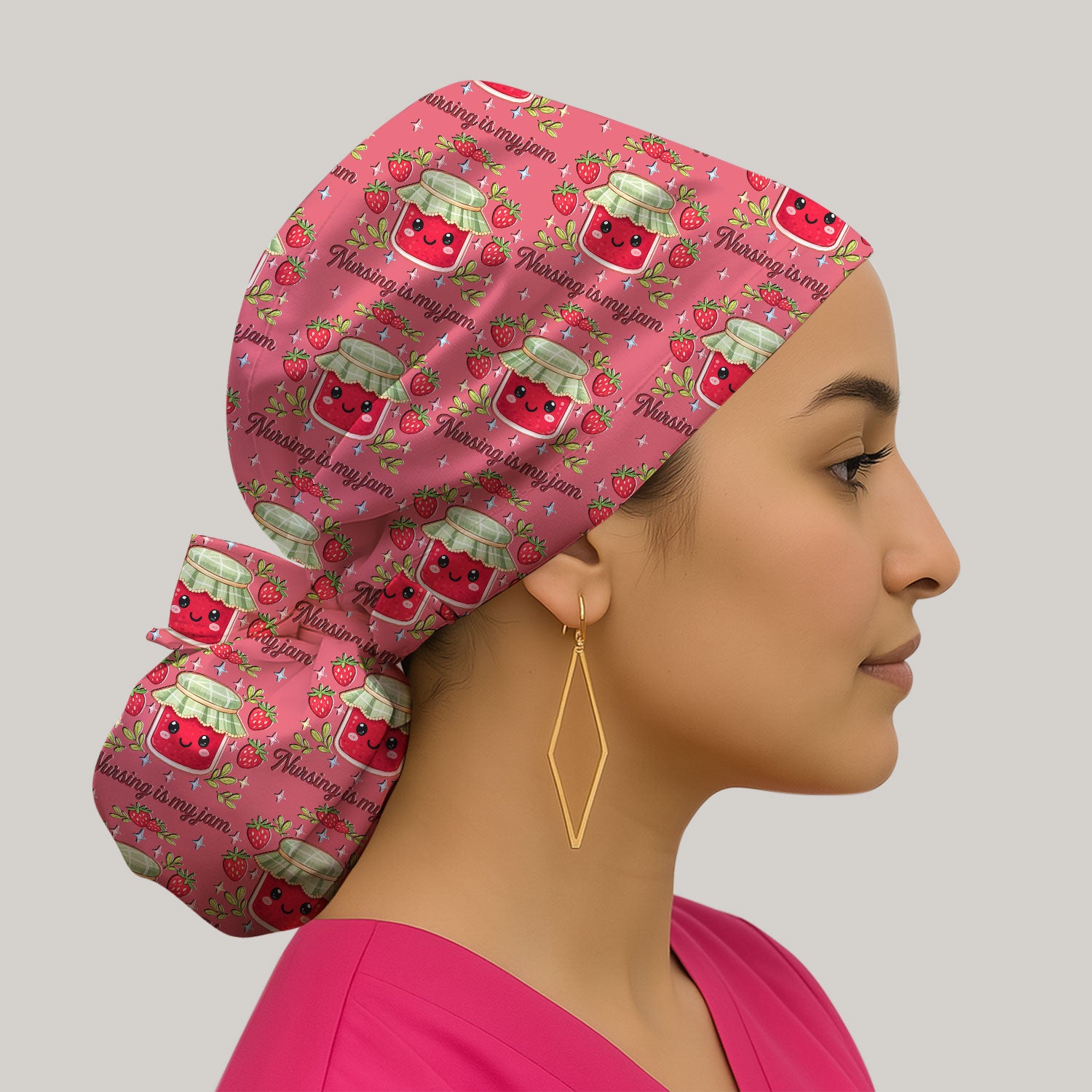 Cute Strawberry Jam Nurse Pattern Cap, Breathable Fabrics Caps Uniform