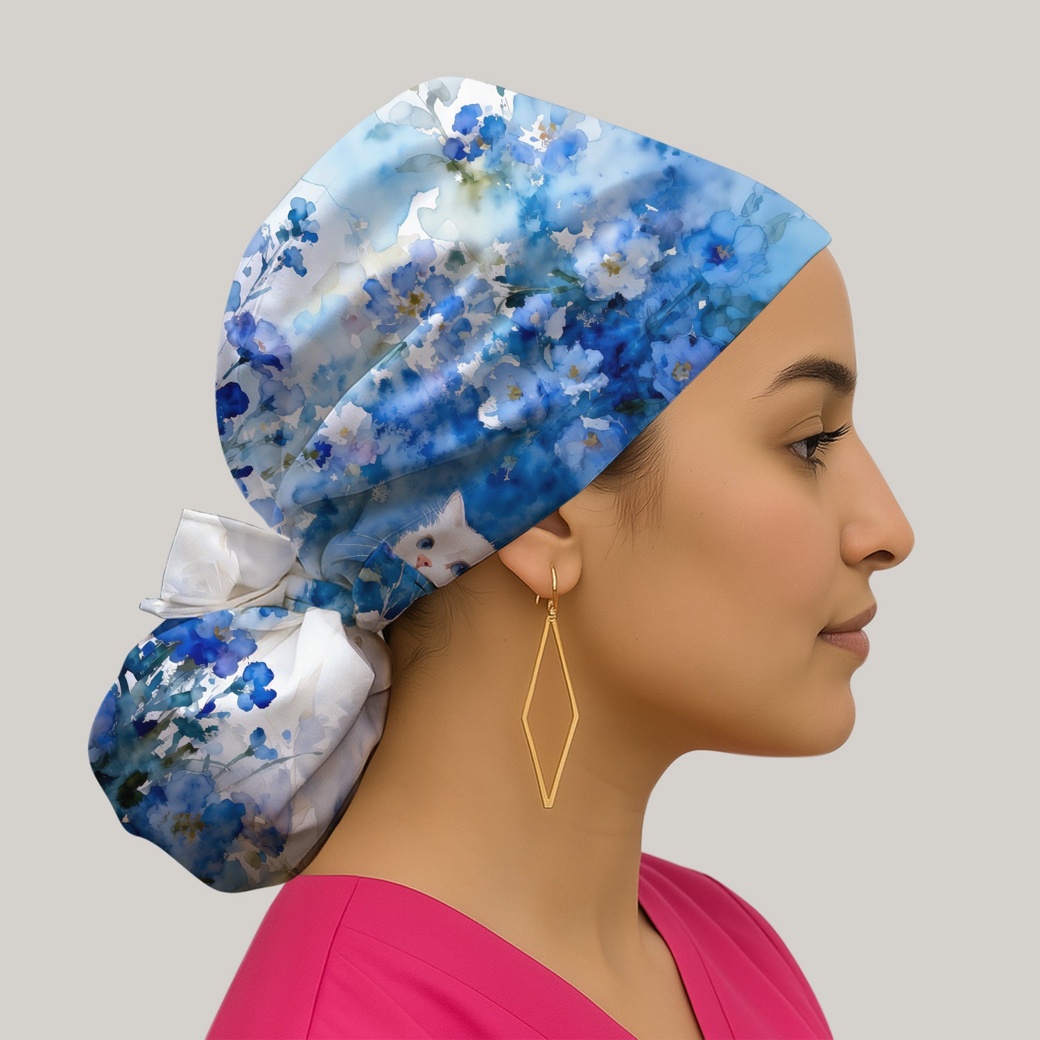 Adorable Blue Floral White Cat Pattern Scrub Cap, Surgical Caps for Doctors