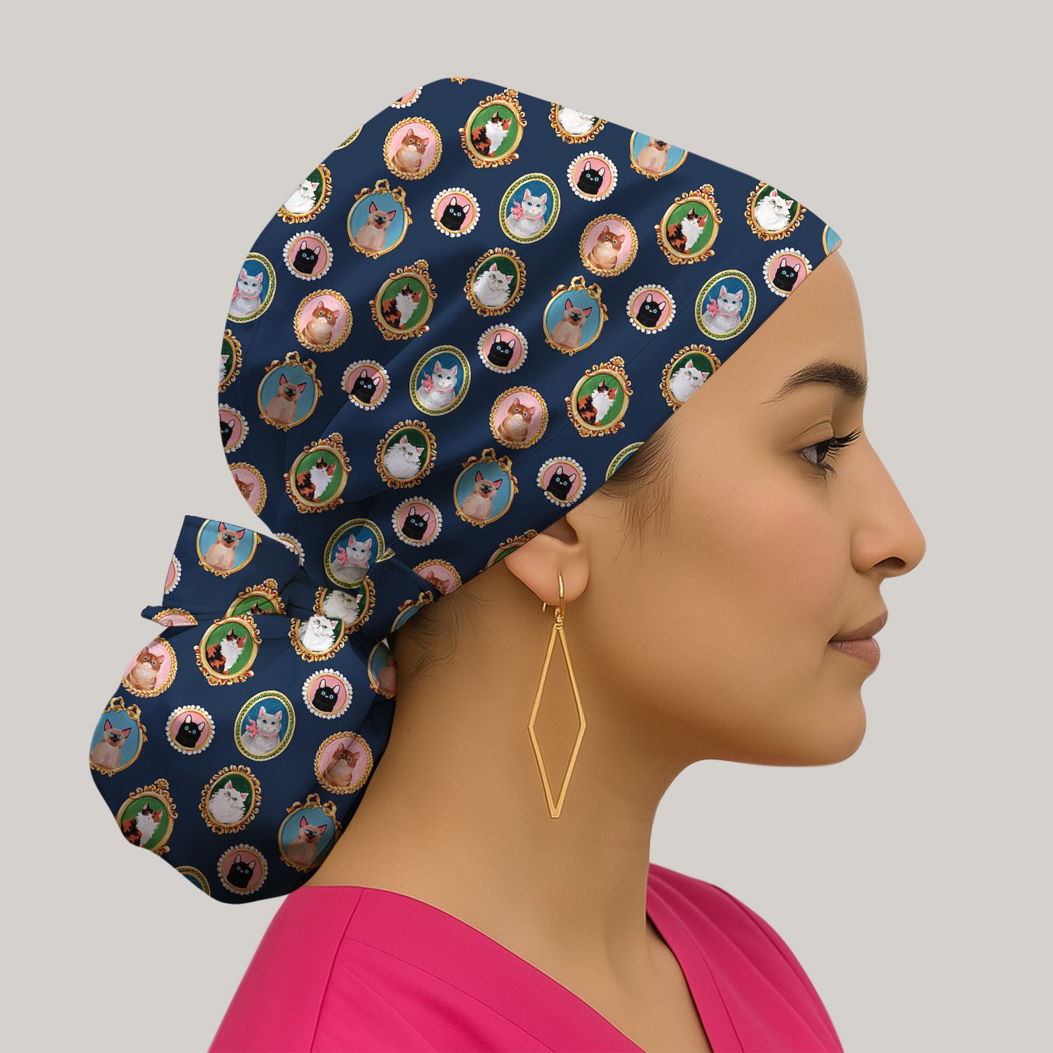 Vintage Cat Portrait Pattern Print Cap, Adjustable Nurse Surgical Cap