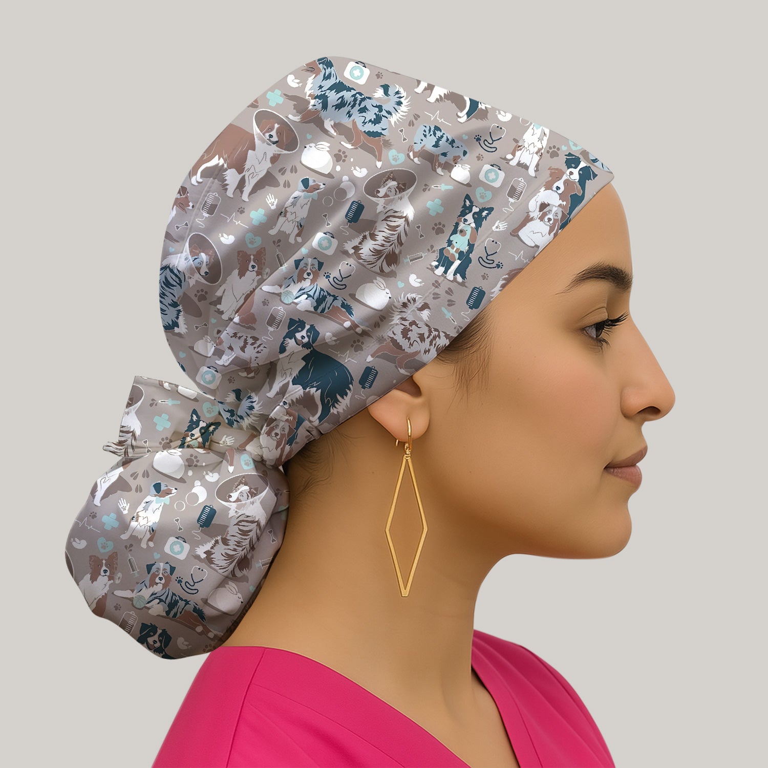 Cute Dog Pattern Veterinary Scrub Cap, Bouffant Scrub Caps for Women