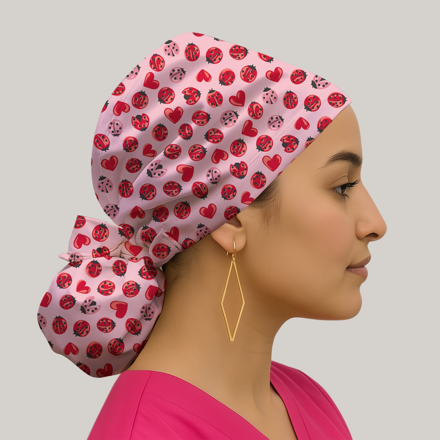 Cute Ladybug and Red Heart All Over Print Cap, Bouffant Scrub Caps for Women