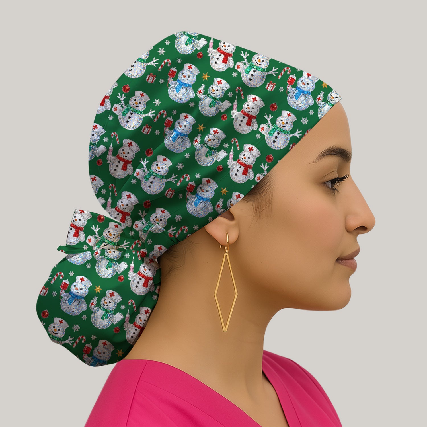 Nurse Snowman Christmas Scrub Cap, Cute Holiday Medical Pattern Hat For Women, Winter Snowflake Nursing Uniform