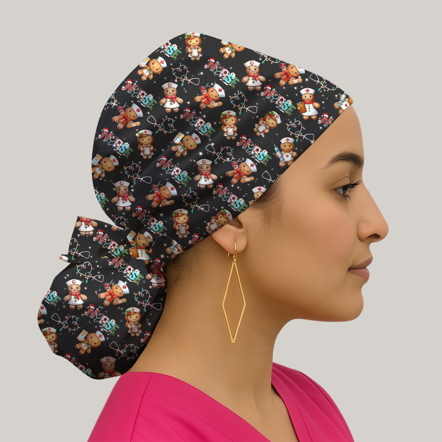 Nurse Scrub Cap with Buttons for Women - Christmas Surgical Hats Cute Gingerbread Design - Medical Bouffant Cap Long Hair