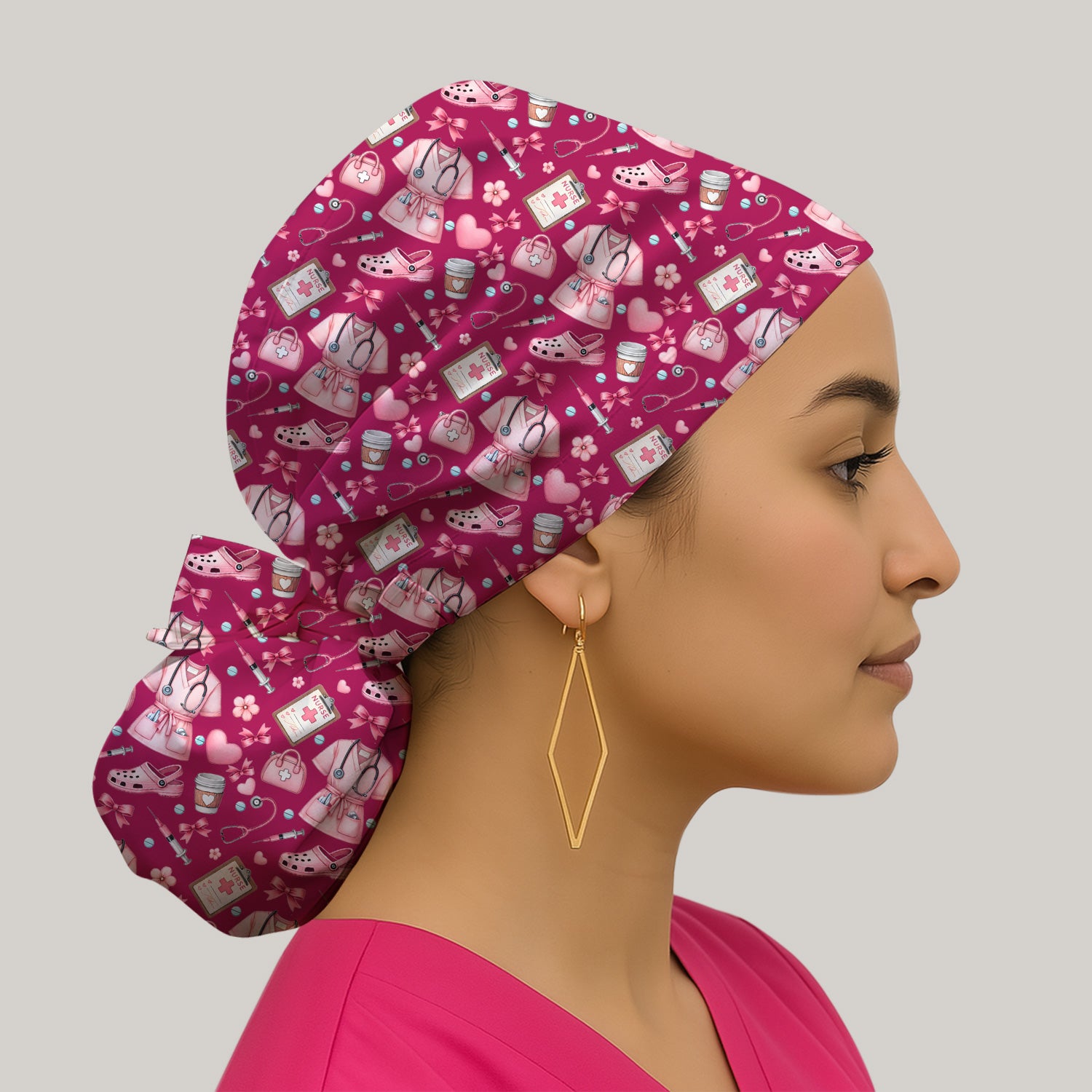 Valentine Pink Nurse Icons Print Scrub Cap, Bouffant Scrub Caps for Women