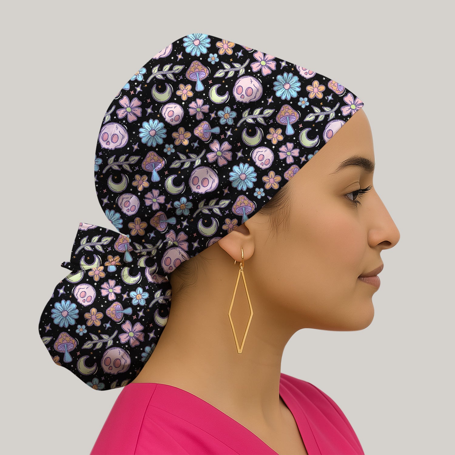 Neon Skull Mushroom Floral Pattern Scrub Cap, Surgical Caps for Doctors