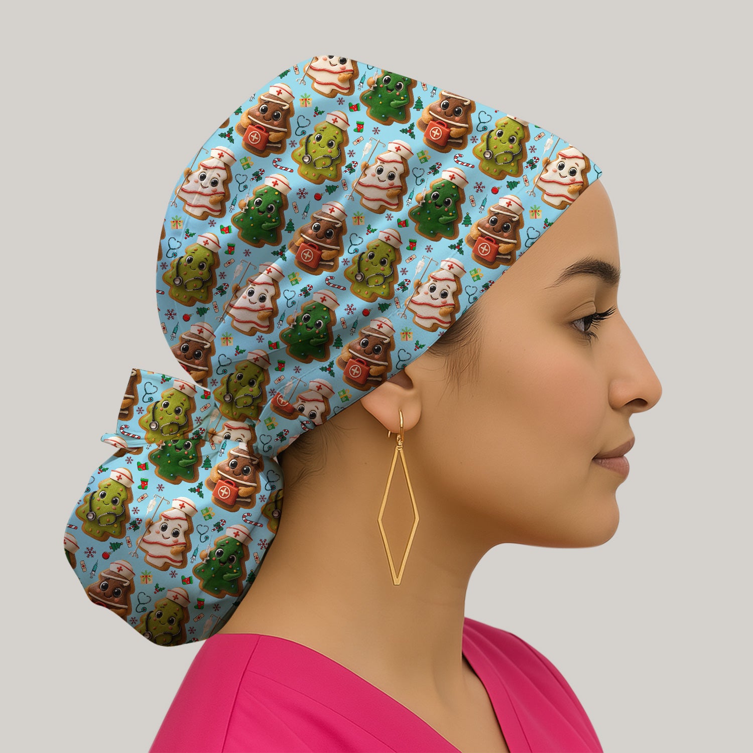 Christmas Cookie Scrub Cap – Festive Nurse & Holiday Tree Pattern – Cute Medical Uniform for Nurses, Vets and Healthcare Workers