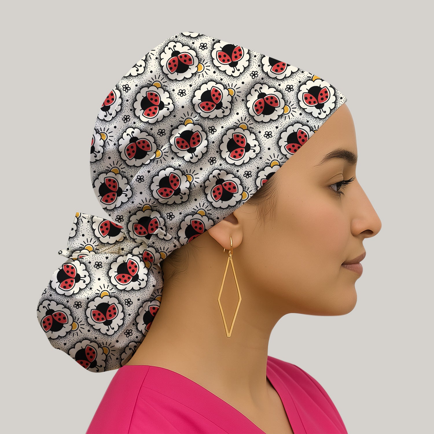 Cute Ladybug in Floral Frame Pattern Scrub Cap, Surgical Caps for Doctors