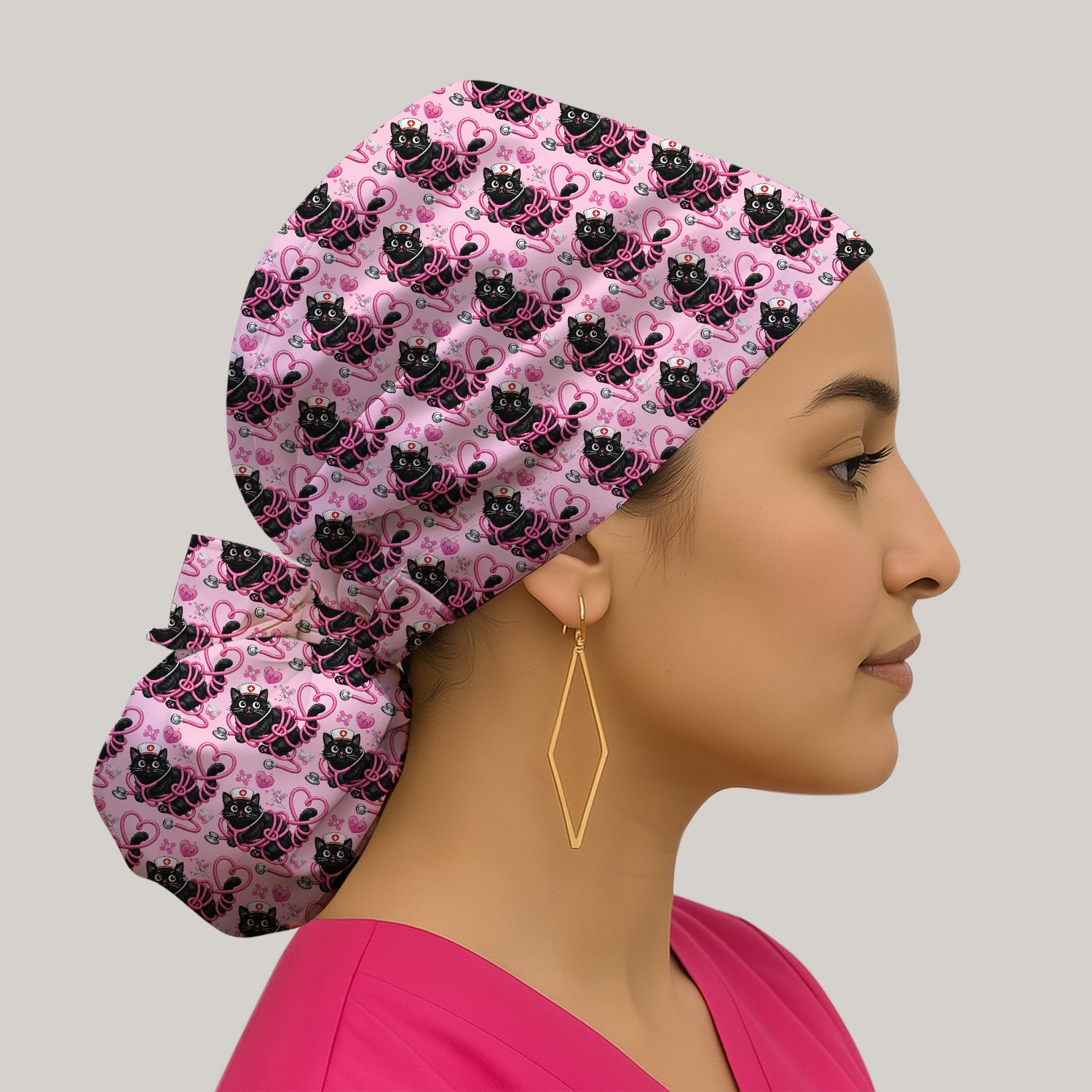 Valentine Cute Cat Nurse Heart Print Scrub Cap, Surgical Caps for Doctors