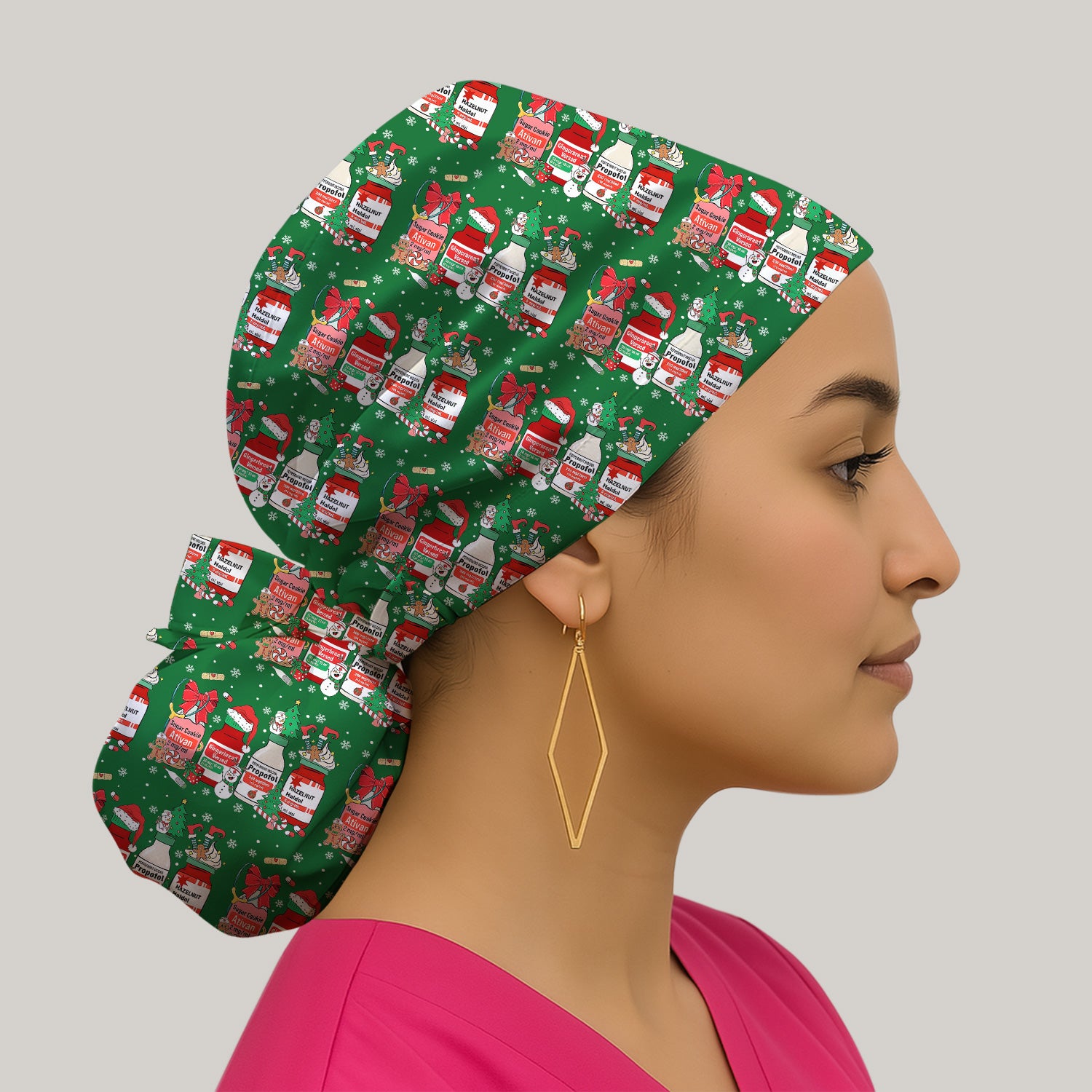 Funny Christmas Medication Scrub Cap – Festive Holiday Pharma Bottles Pattern – Playful Medical Uniform for Nurses, Pharmacists & Healthcare Workers