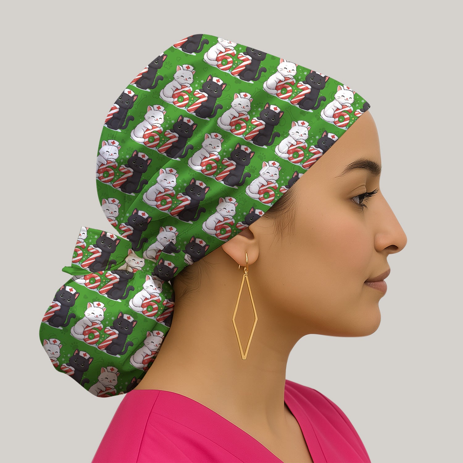 Xmas Cat Pattern Scrub Cap, Christmas Nurse Six Seven With Cat Scrub Hat, Breathable Fabrics Nursing Uniform