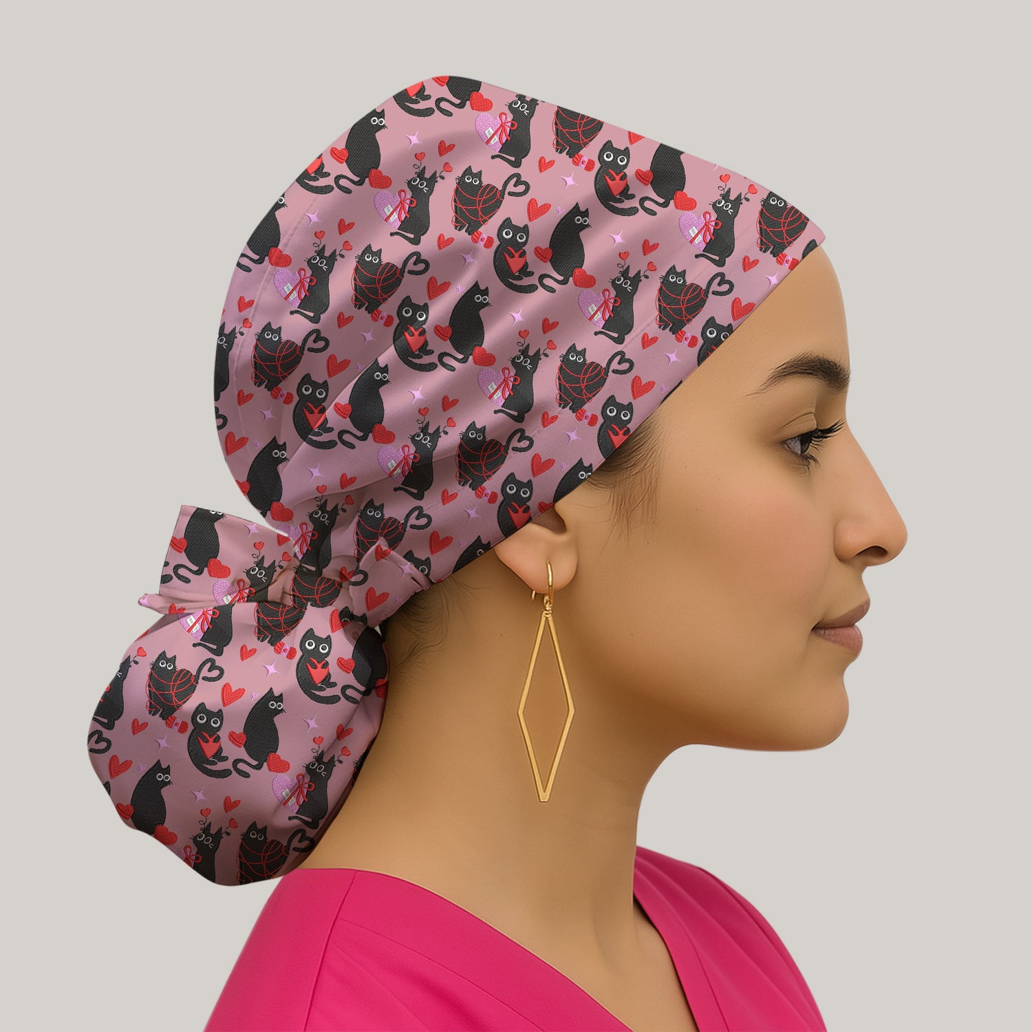 Valentine’s Day Scrub Cap, Cute Black Cat With Heart Pattern Nurse Hat, Breathable Fabrics Nursing Uniform