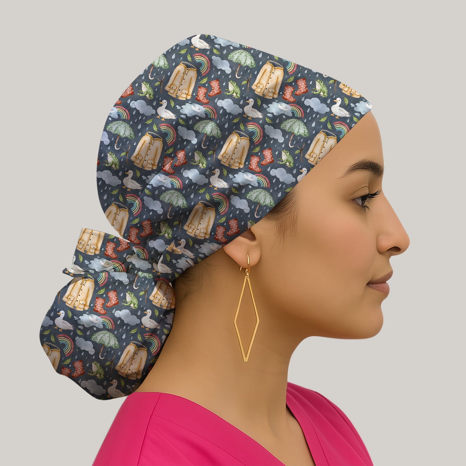 Cute Rainy Day Ducks & Frog Rainbow Pattern Scrub Cap, Surgical Caps for Doctors