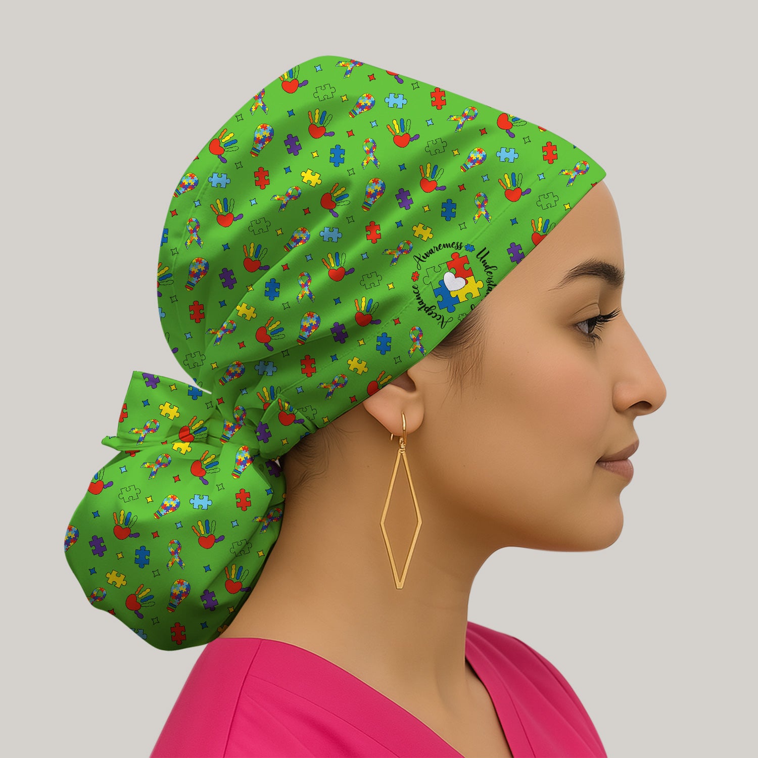 Autism Awareness Colorful Puzzle Pattern Print Cap, Bouffant Scrub Caps for Women