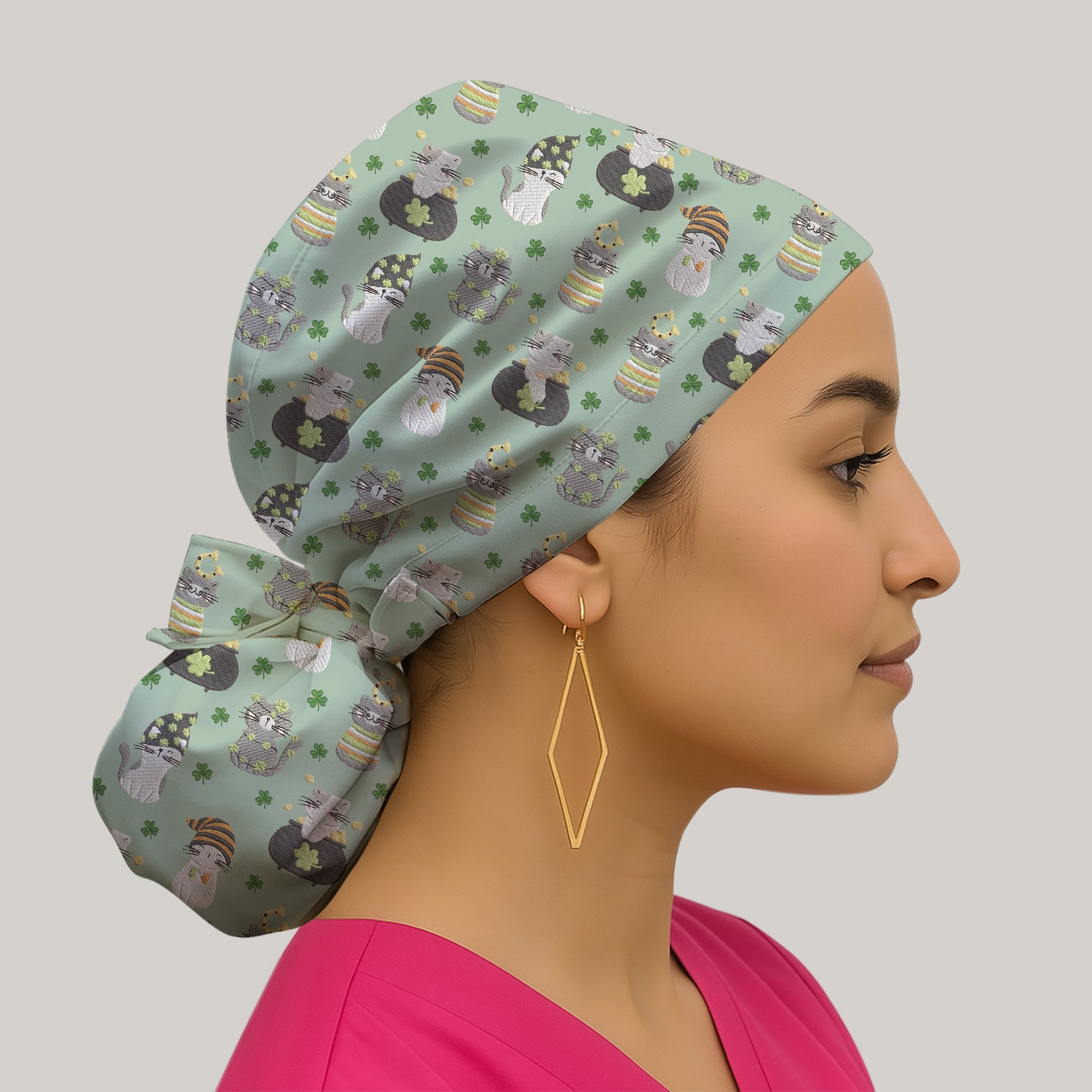 St. Patrick’s Day Scrub Cap, Lucky Cat With Shamrock Pattern Hat, Breathable Fabrics Nursing Uniform