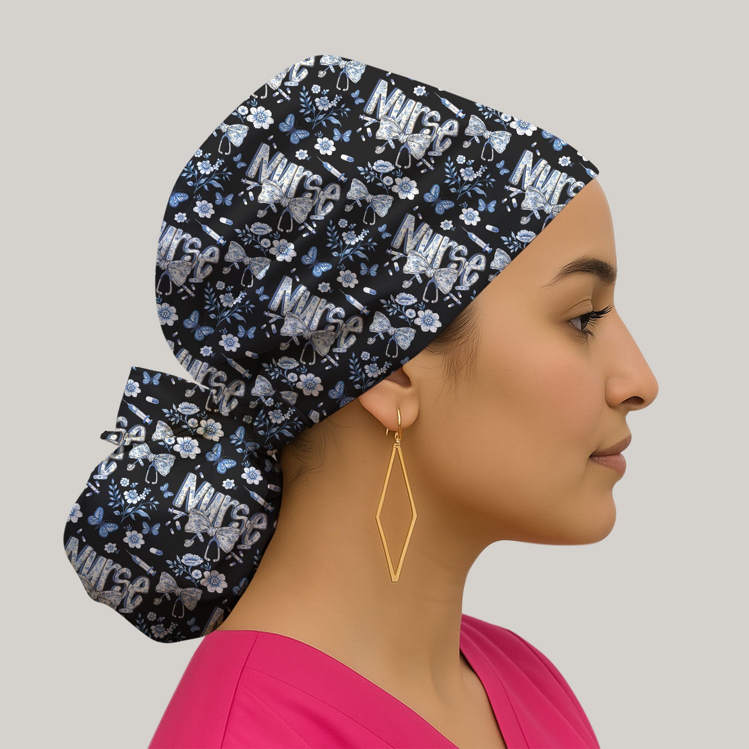 Blue Nurse Letter Floral Butterfly Print Cap, Breathable Fabrics Caps Uniform