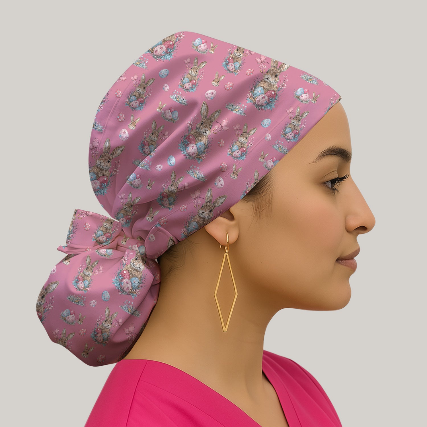 Pastel Easter Bunny Nest Pattern Print Cap, Bouffant Scrub Caps for Women