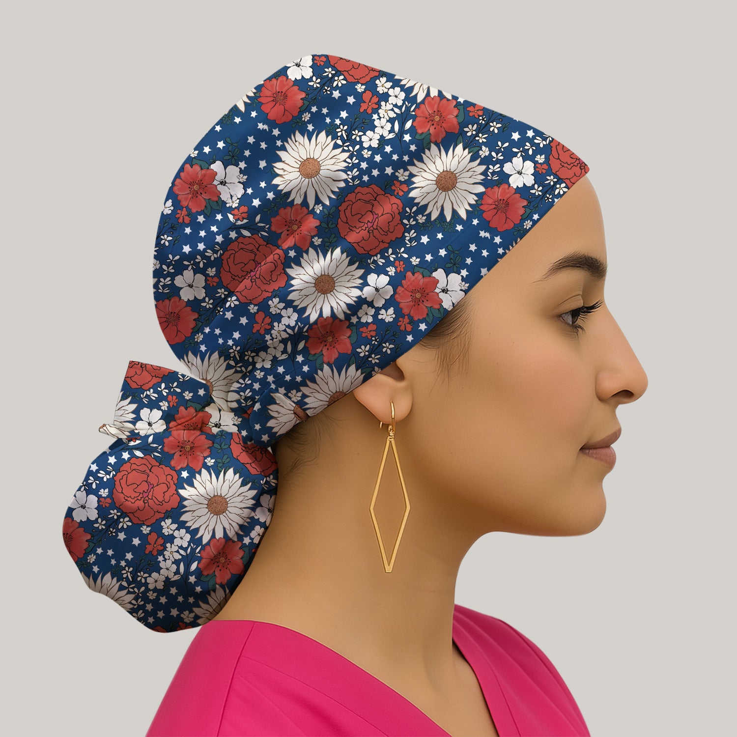 Red White Blue Floral Pattern Scrub Cap, Surgical Caps for Doctors