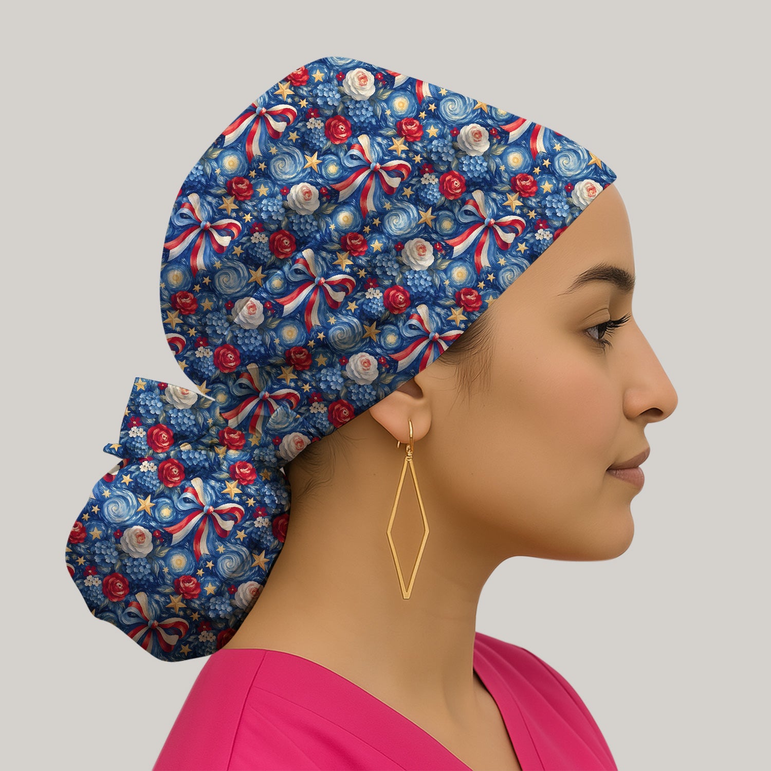 Patriotic Starry Bow Nurse for RN, CNA, Healthcare Workers Scrub Cap, Surgical Caps for Doctors