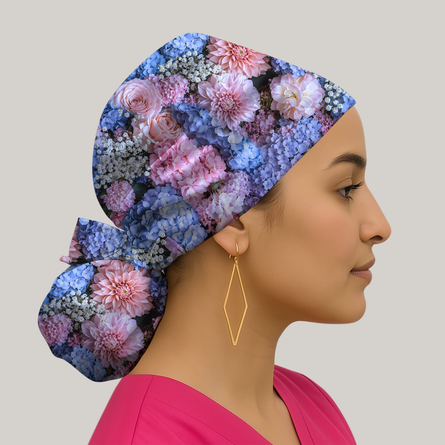 Cute Pastel Hydrangea Rose Blossom Pattern Scrub Cap, Surgical Caps for Doctors