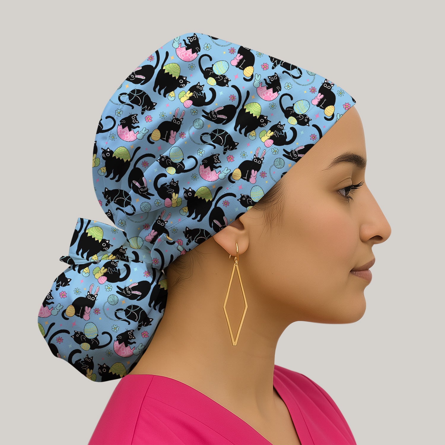 Funny Easter Black Cat Egg Pattern Print Cap, Bouffant Scrub Caps for Women
