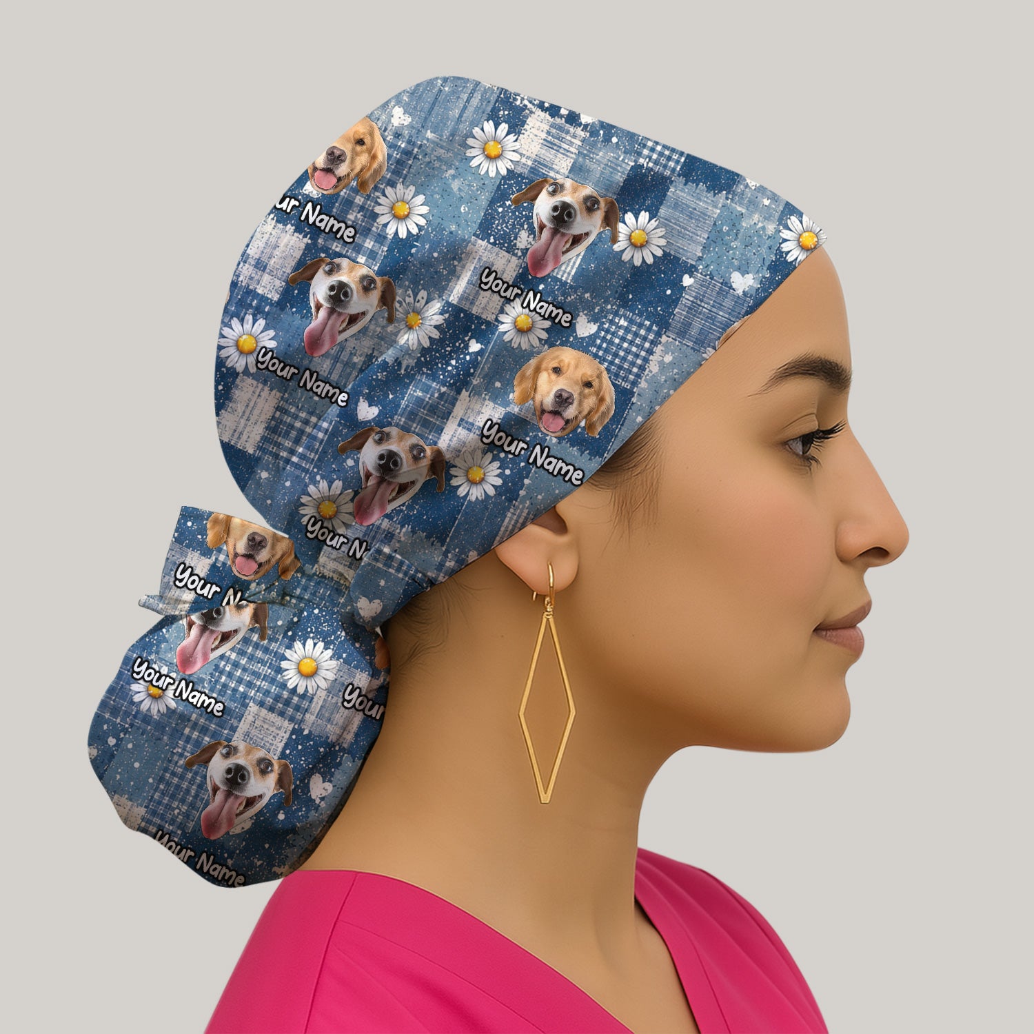 Personalized Cute Dog Portrait On Blue Patchwork Daisy Pattern Scrub Cap, Surgical Caps for Doctors