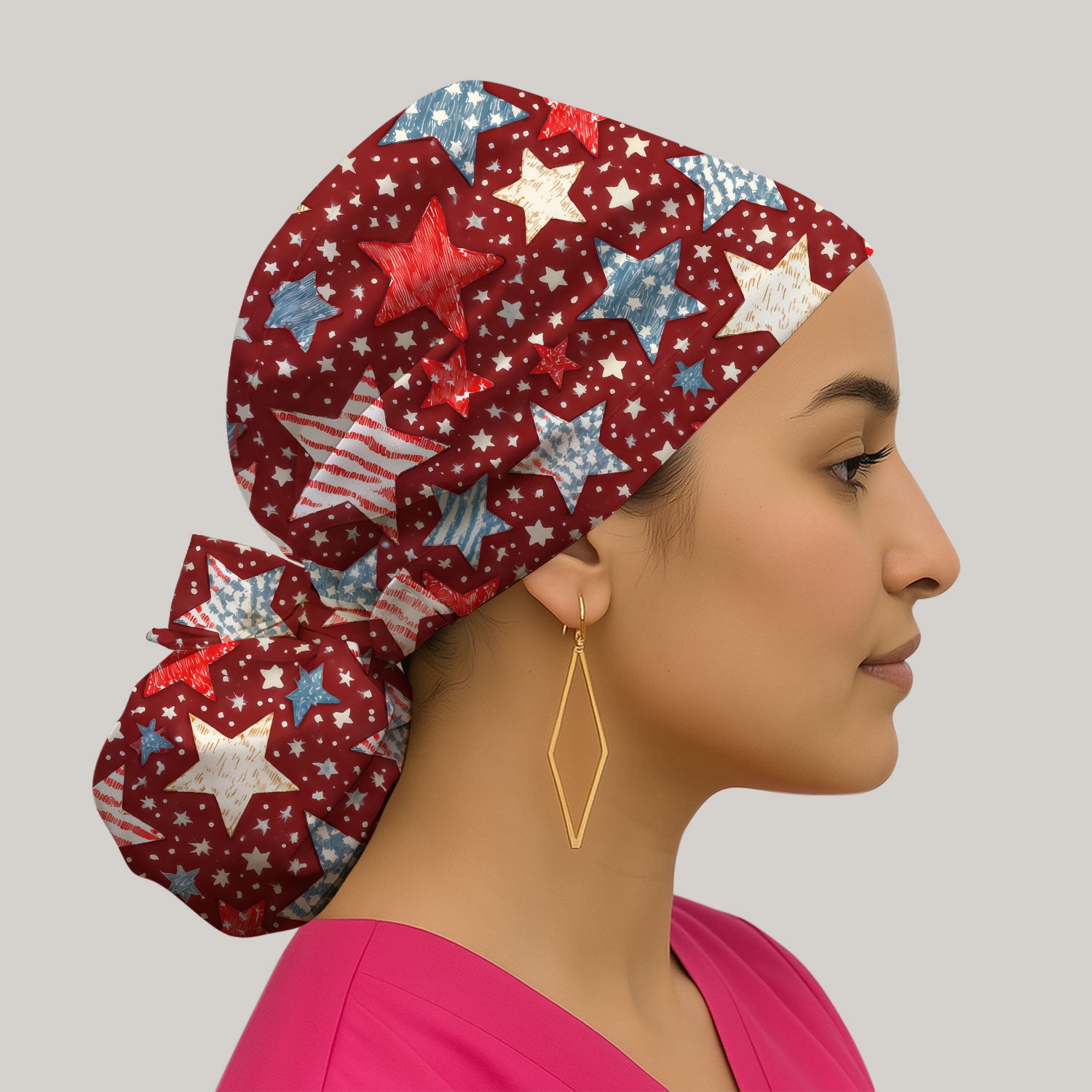 Patriotic Star Pattern Scrub Cap, Breathable Fabrics Caps Uniform