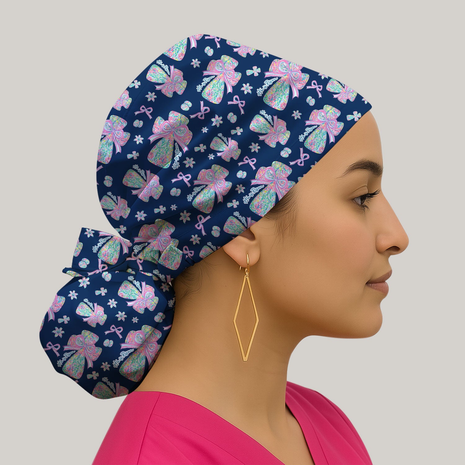 Colorful Bow Pattern Bouffant Scrub Caps, Breathable Fabrics Caps Uniform