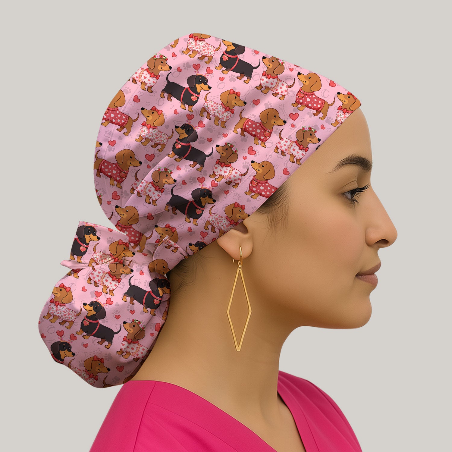 Valentine Dachshund Scrub Cap, Wiener Dog Love Pattern Nurse Hat, Breathable Fabrics Nursing Uniform
