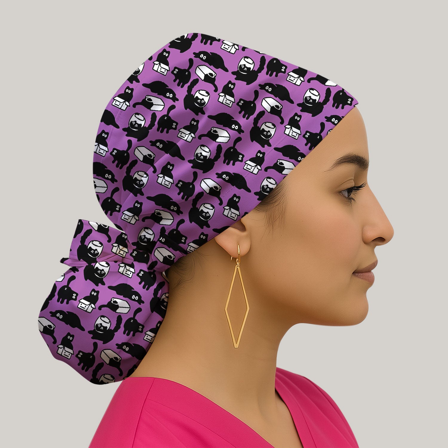 Dark Playful Cat Cartoon Pattern Cap, Bouffant Scrub Caps for Women
